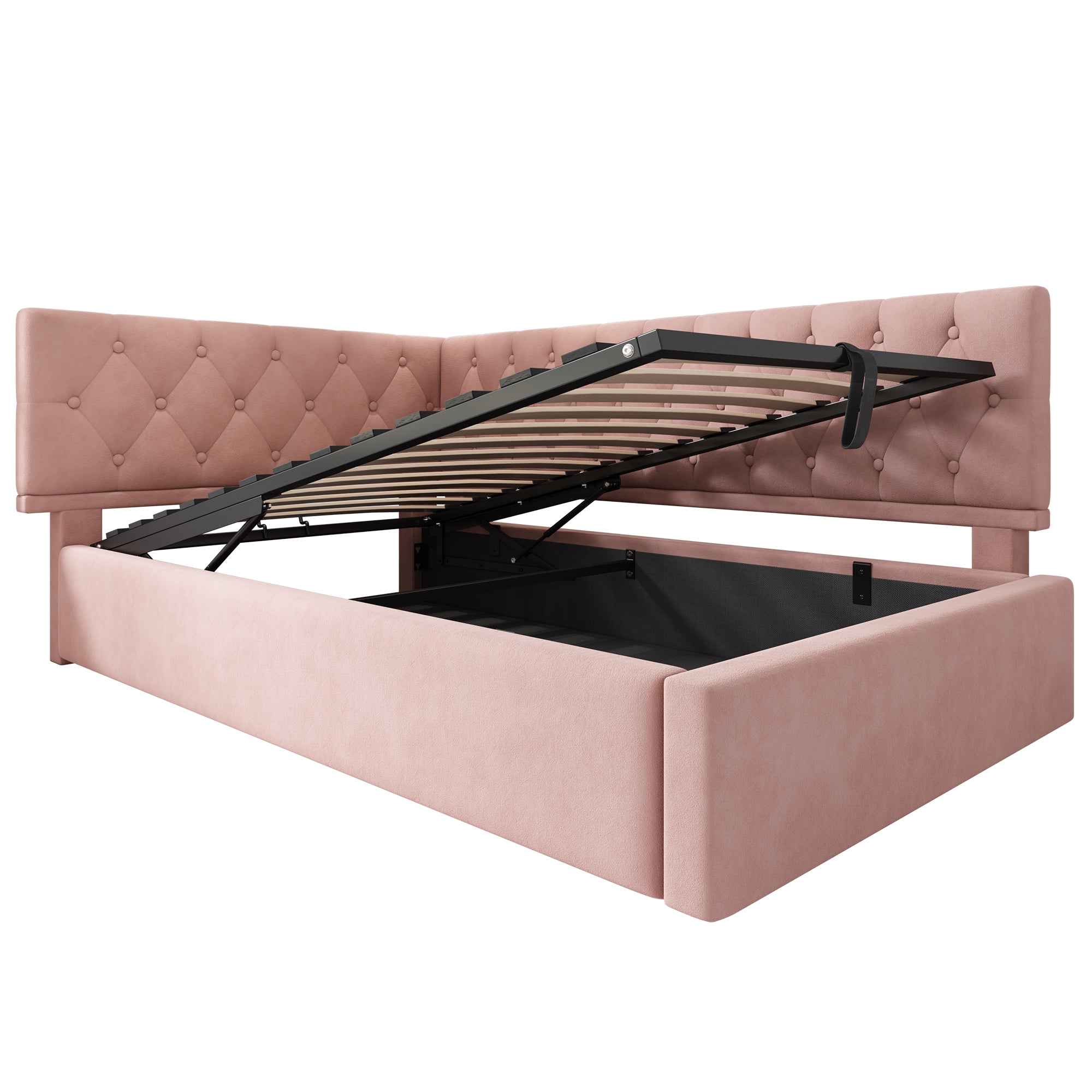 Logidon slaapbank 90x190 roze fluweel met hydraulische opbergruimte