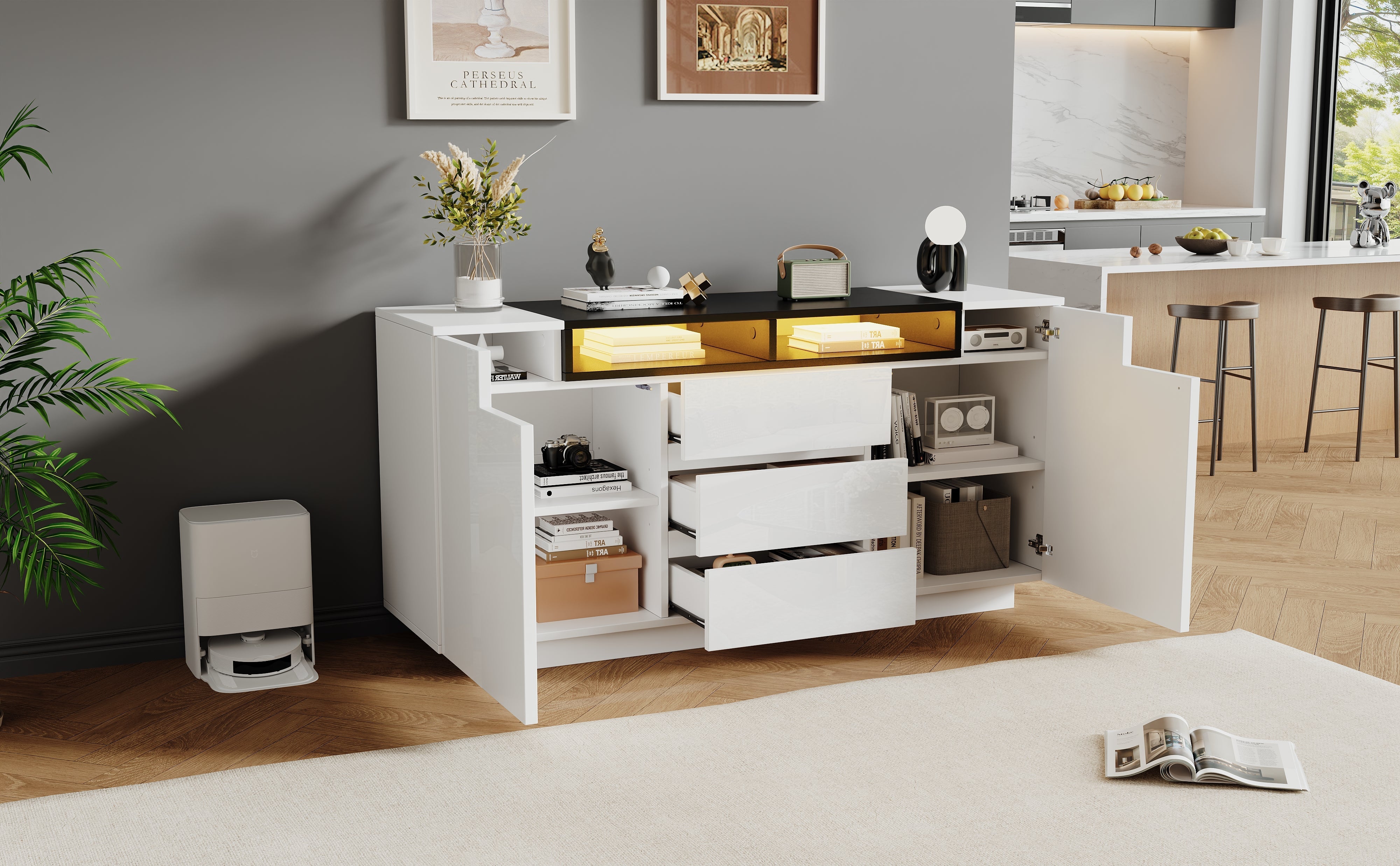 Logidon wit hoogglans dressoir 140 cm met LED, 2 deuren, 3 lades