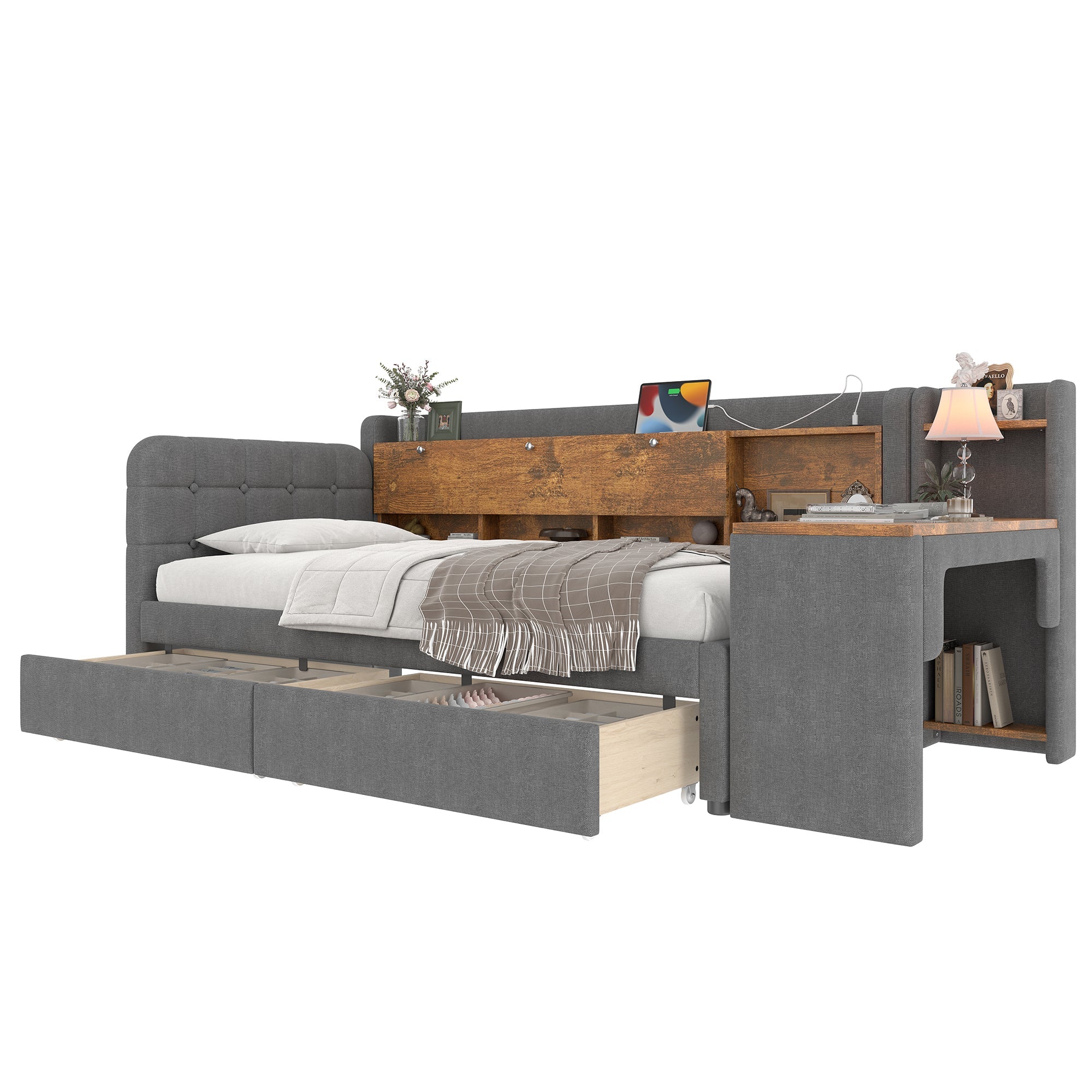 Logidon Daybed 90x200 cm slaapbank met bureau grijs USB Type C