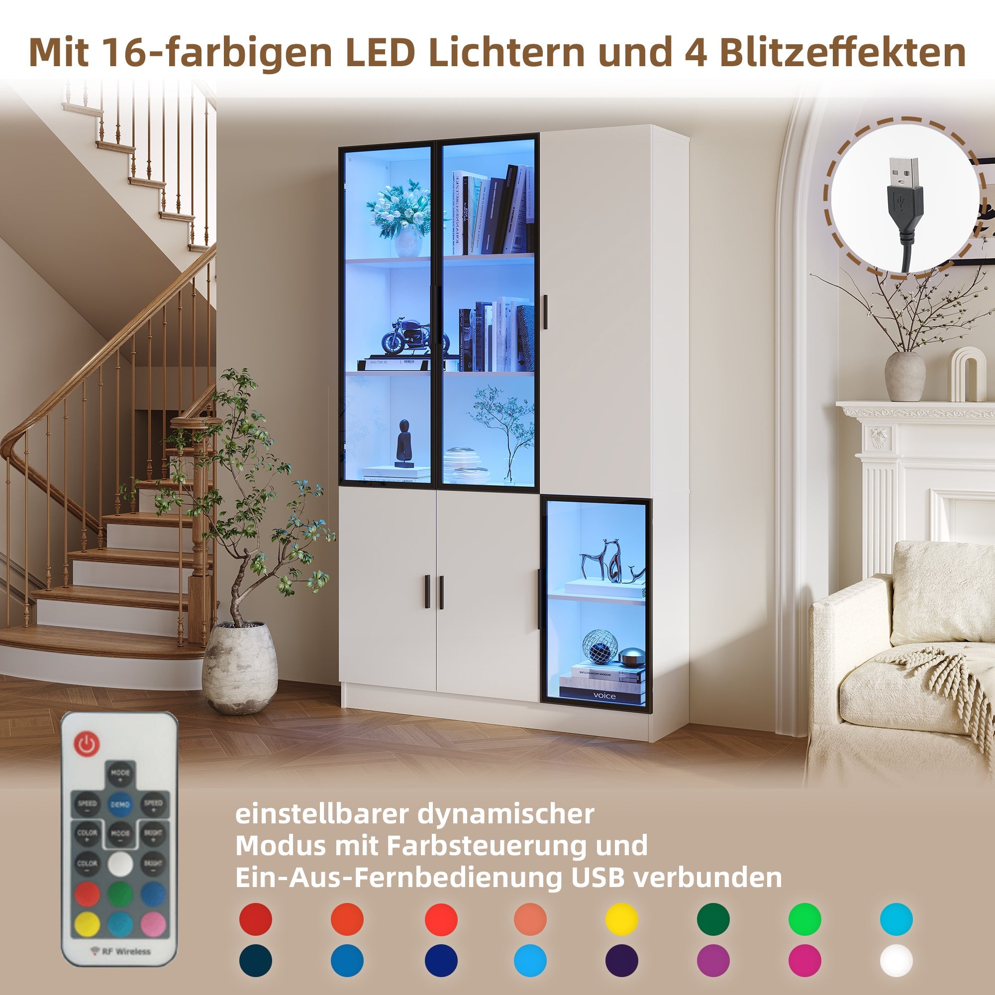 Logidon vitrinekast 120x35x200 cm wit met glazen deuren LED