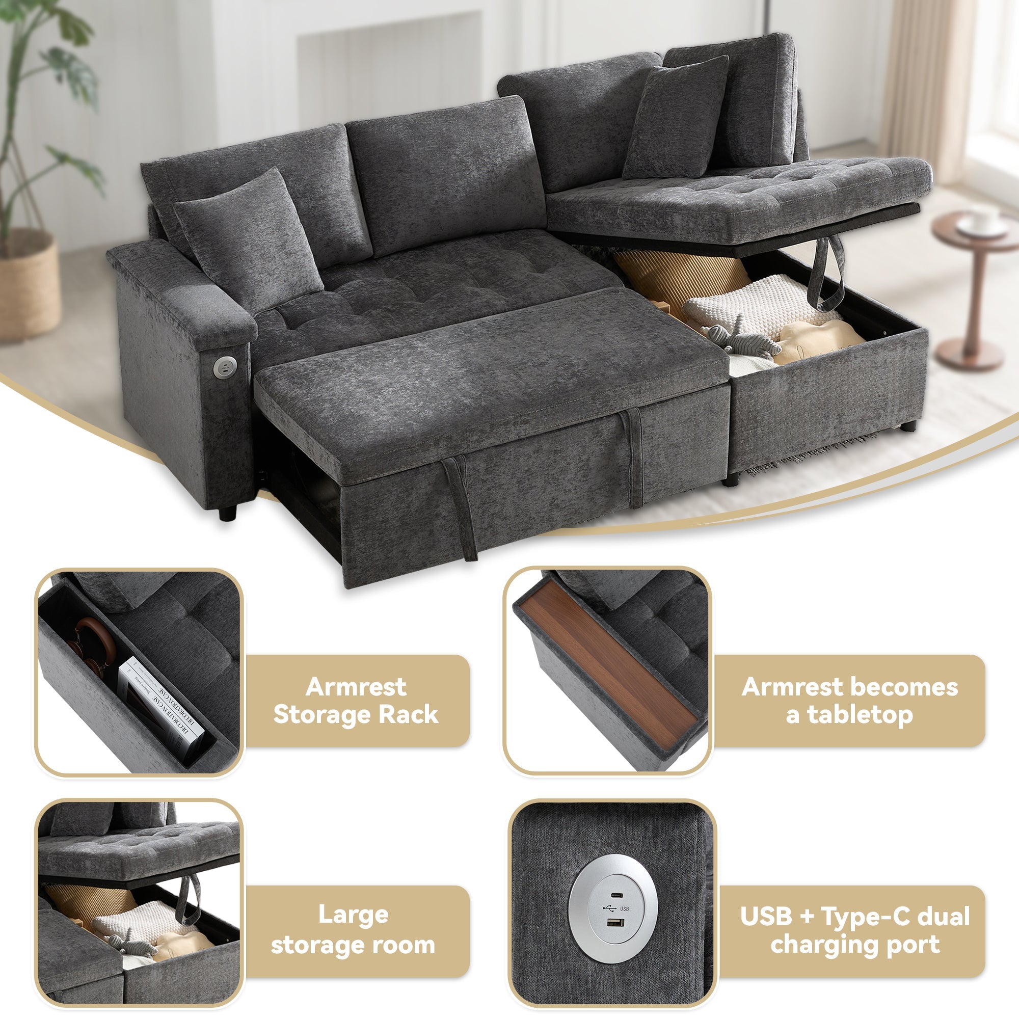 Logidon L-vorm slaapbank grijs fluweel chenille 209x130 cm opbergruimte