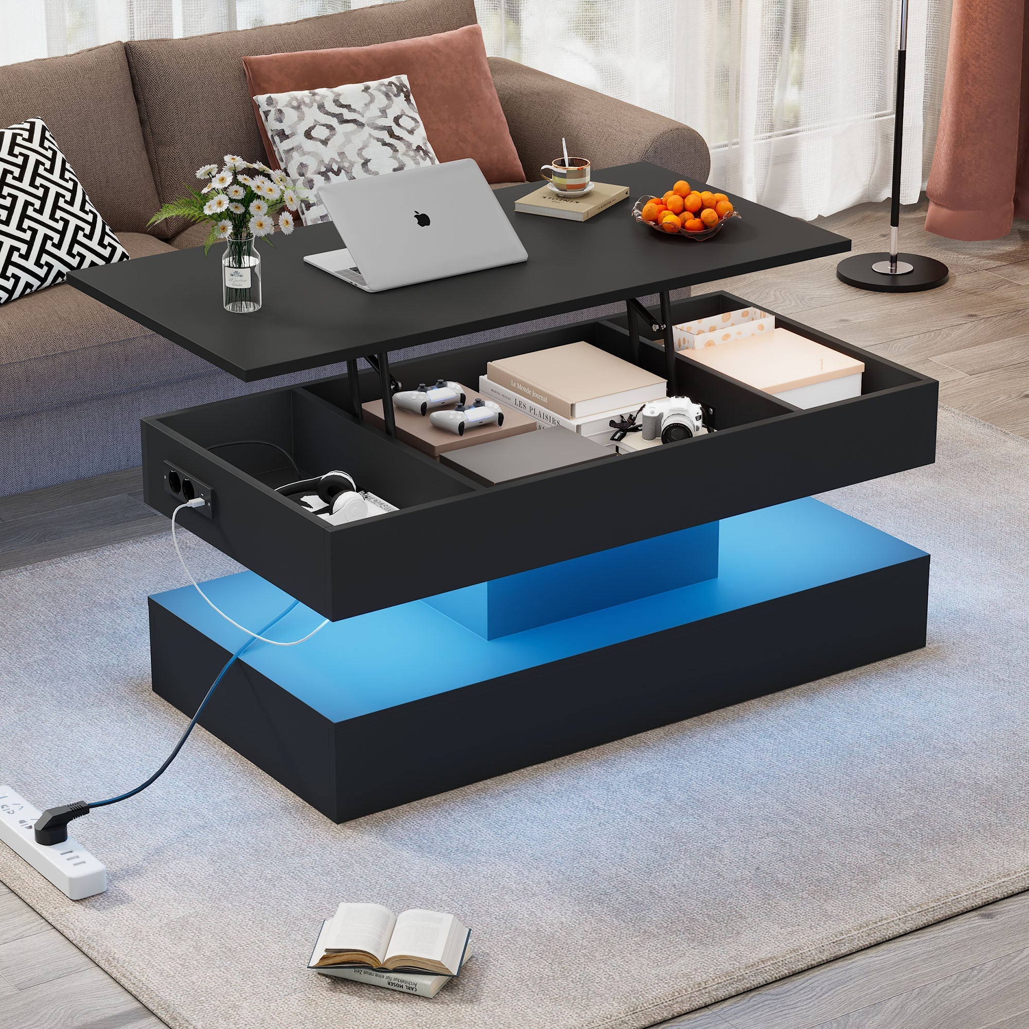 Logidon LED Salontafel met verborgen opbergruimte 100x50 cm Zwart