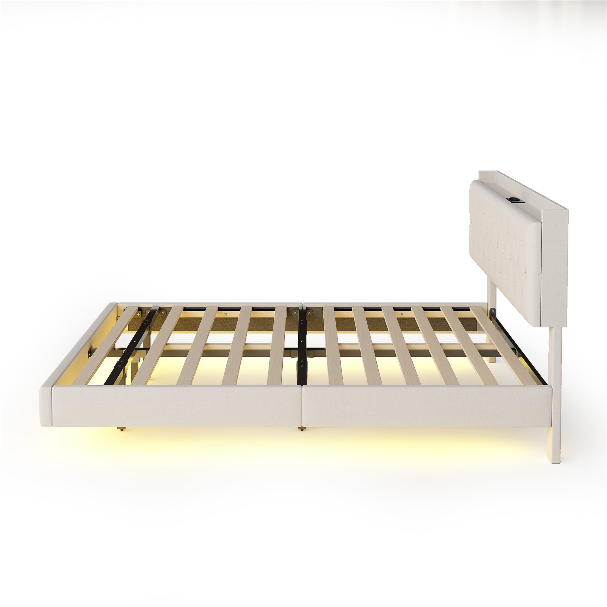Logidon gestoffeerd bed 140x200 cm beige USB-oplaadpoort LED-lichtstrip