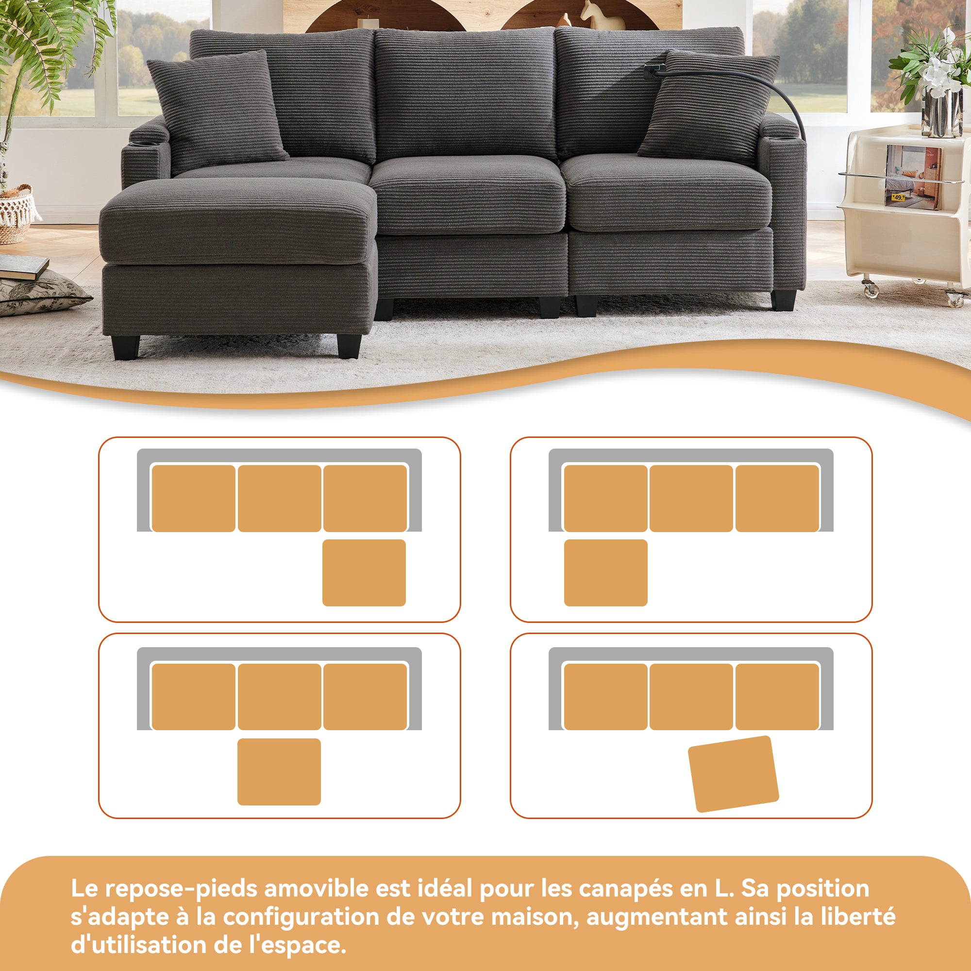 Logidon L-vorm Hoekbank Donkergrijs Corduroy Met USB-oplader