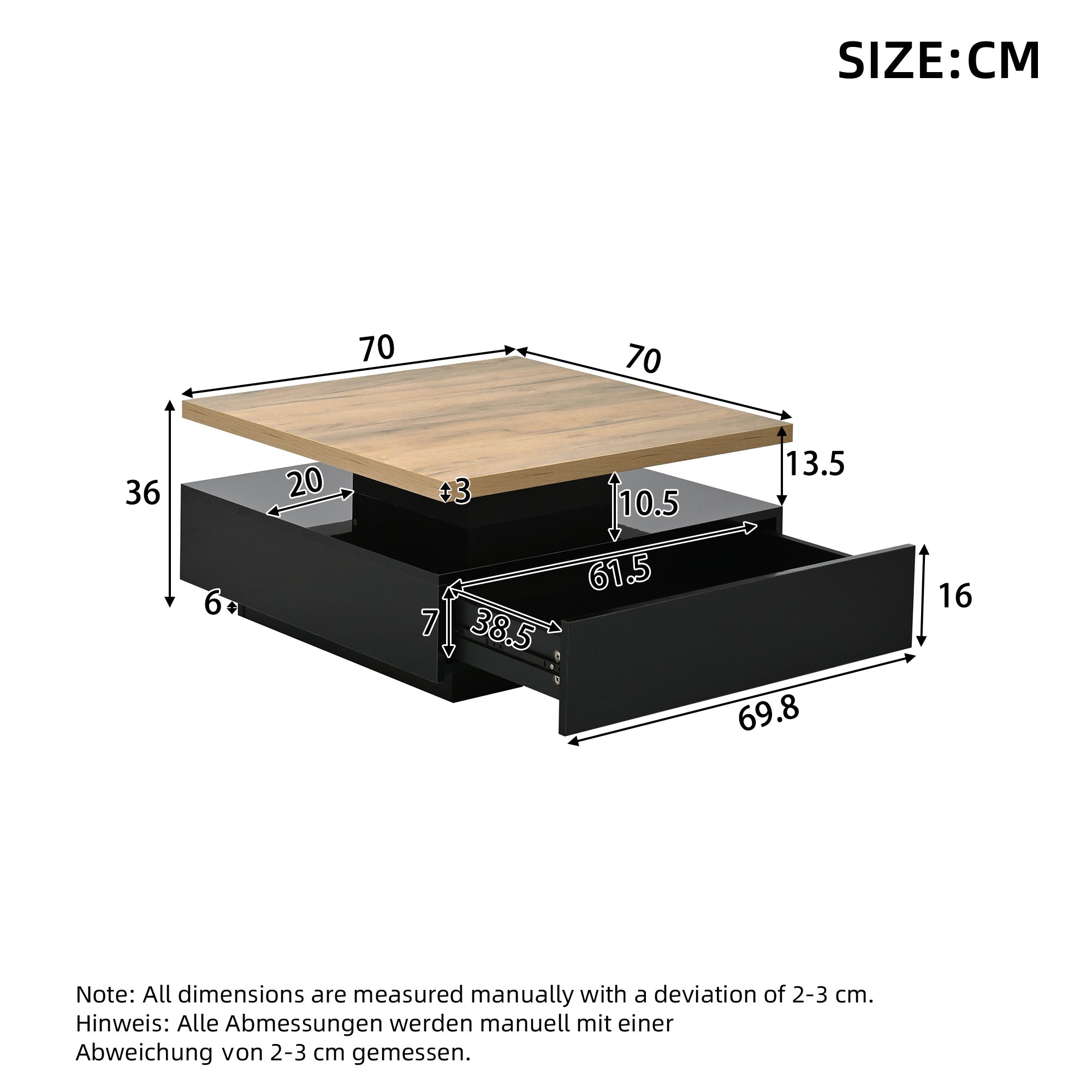 Logidon Vierkante Draaibare Salontafel 70x70 cm Bruin 360 graden