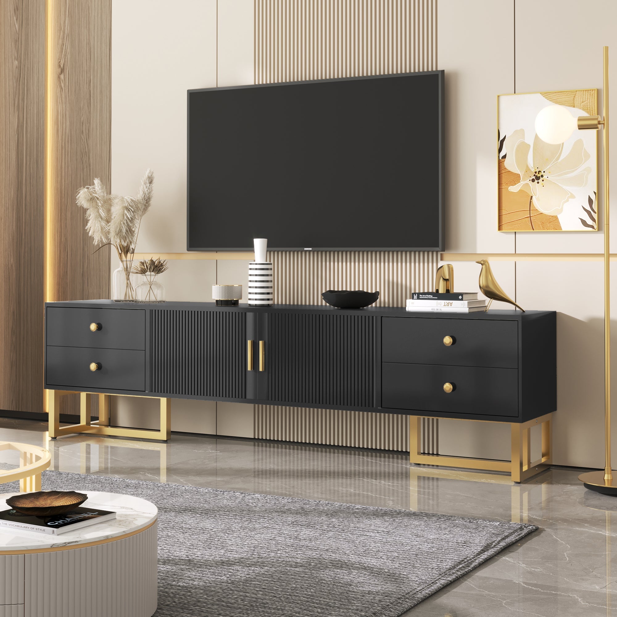 Logidon TV Cabinet Black With Textured Door And Golden Handles