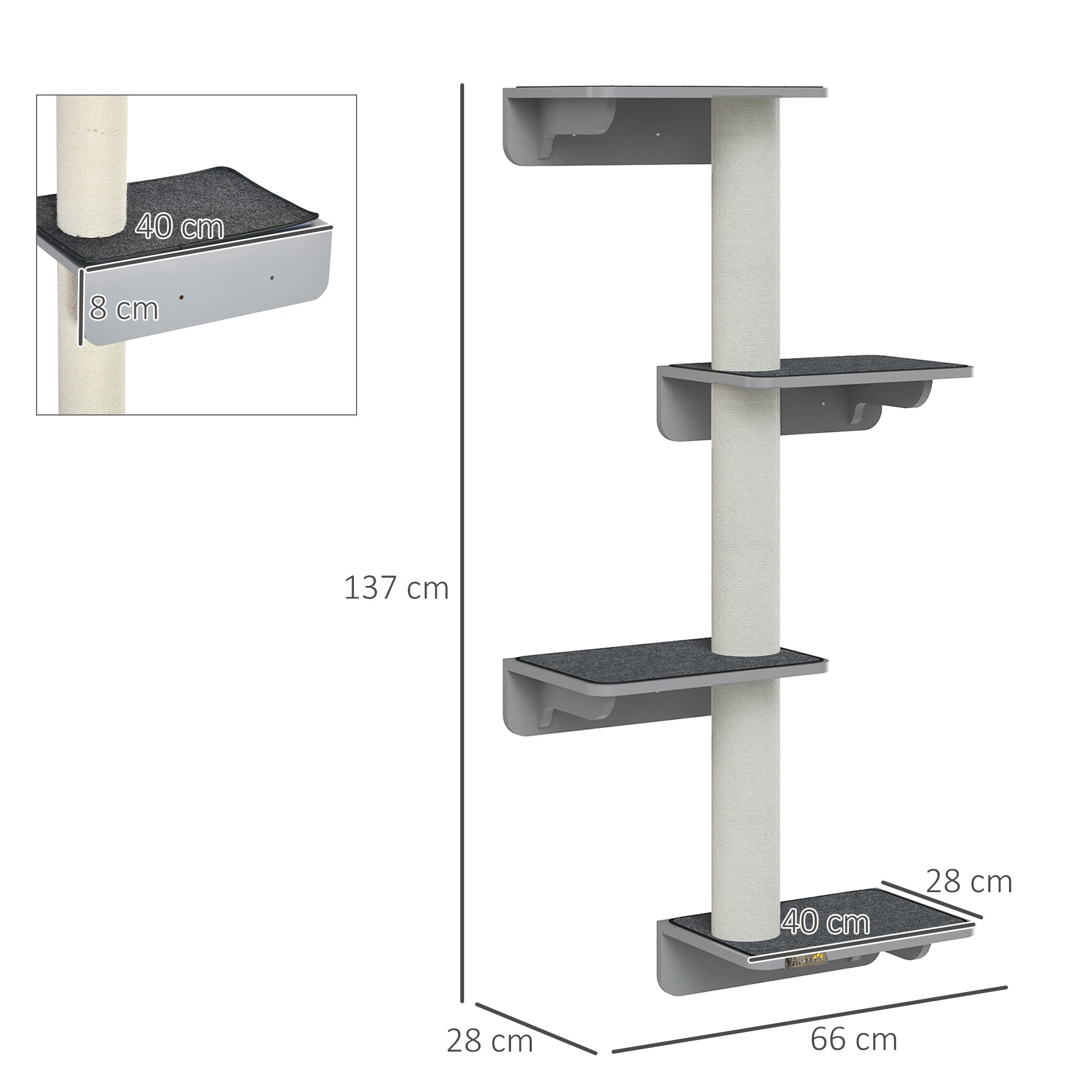 Logidon Wandkrabpaal Kattenwand 137cm Lichtgrijs Beige met 4 plateaus