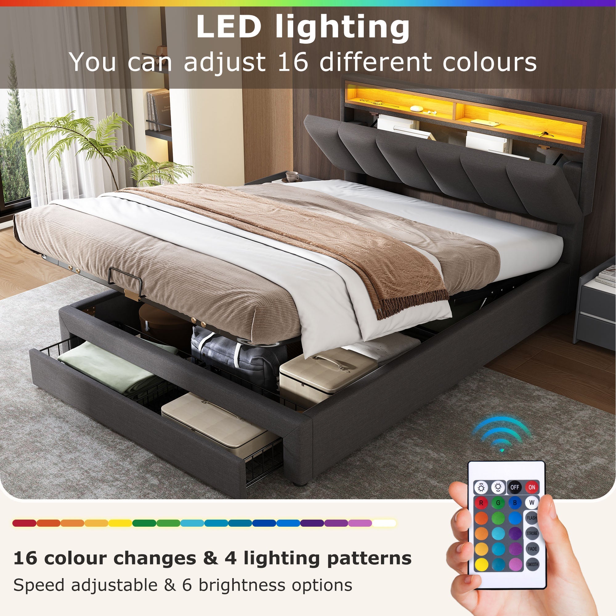 Logidon gestoffeerd bed 140x200 grijs met LED verlichting en opbergruimte