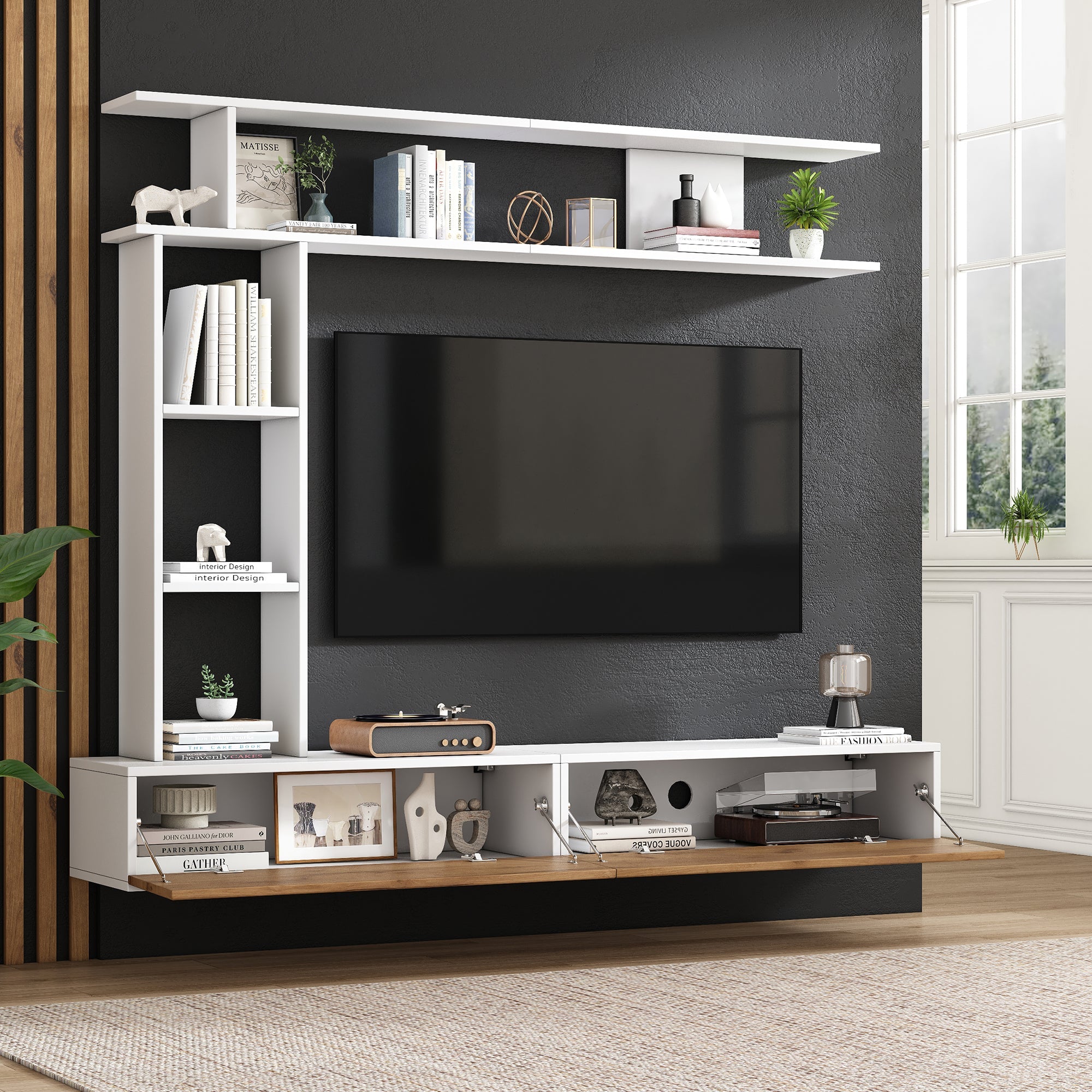 Logidon TV wandmeubel 180 cm wit houtlook met vitrinekasten