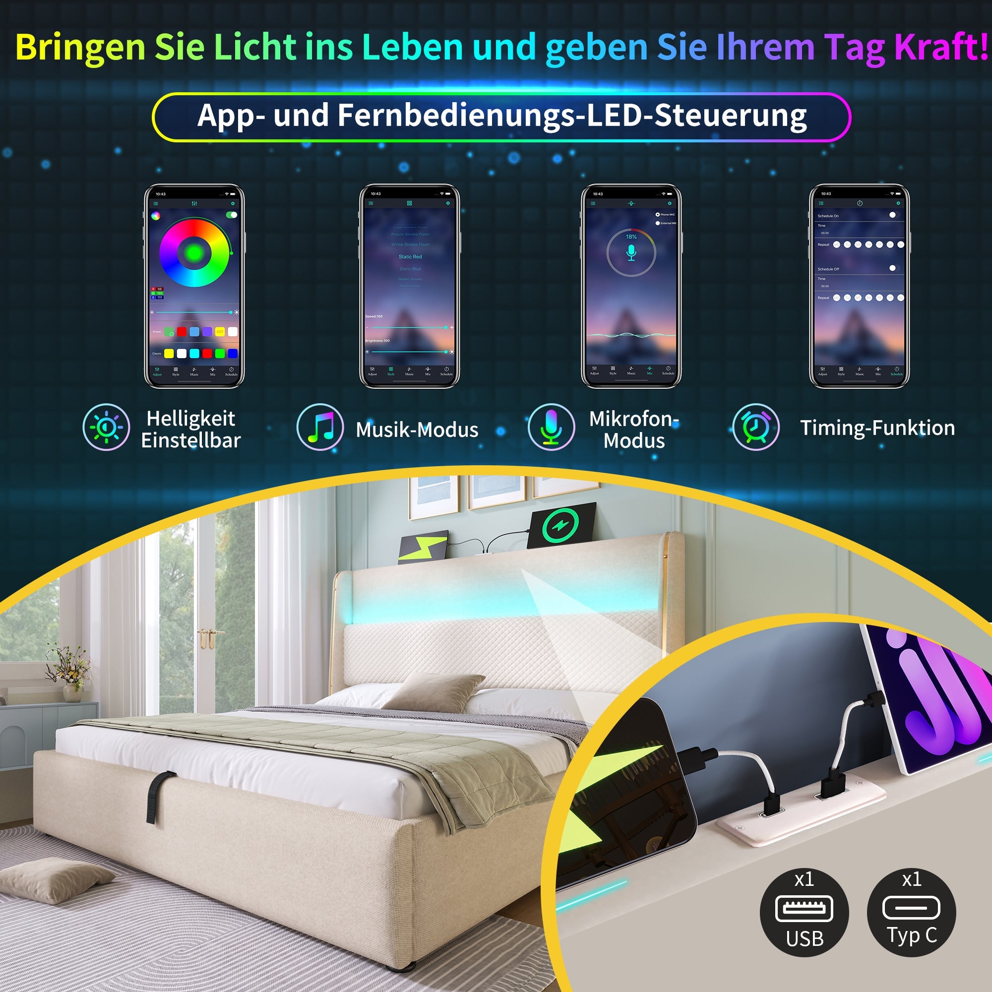 Logidon hydraulisch bed 140x200 beige linnenlook met LED