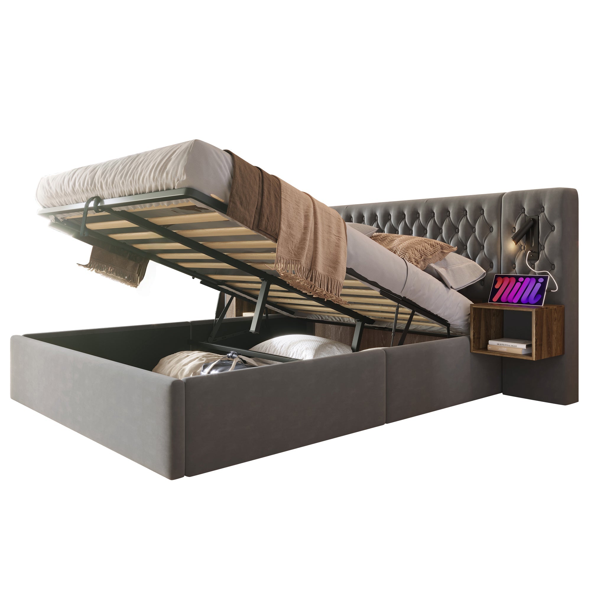 Logidon bed system hydraulic storage bed 160x200 cm gray velvet