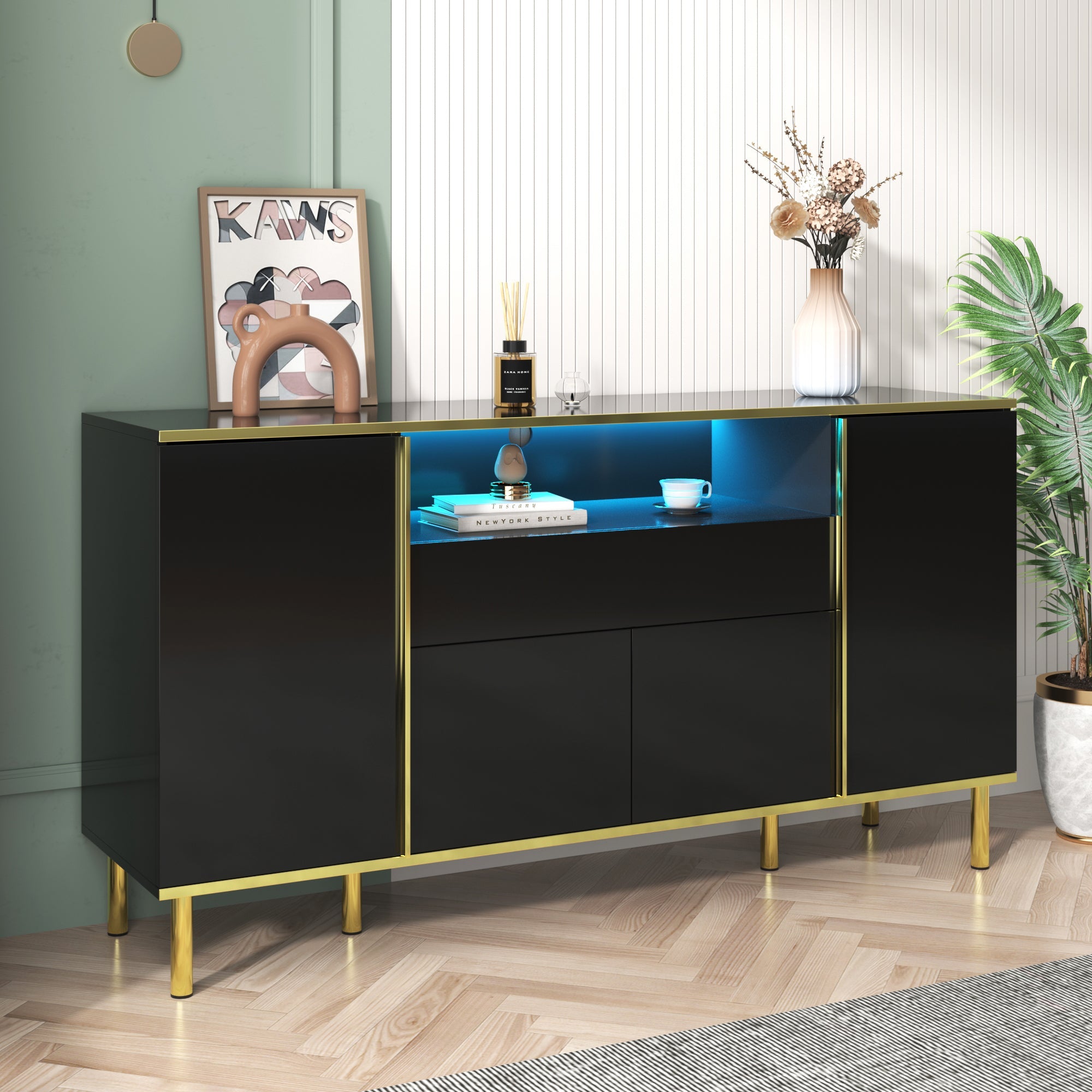 Logidon high-gloss sideboard black 150x40x80 with LED accents