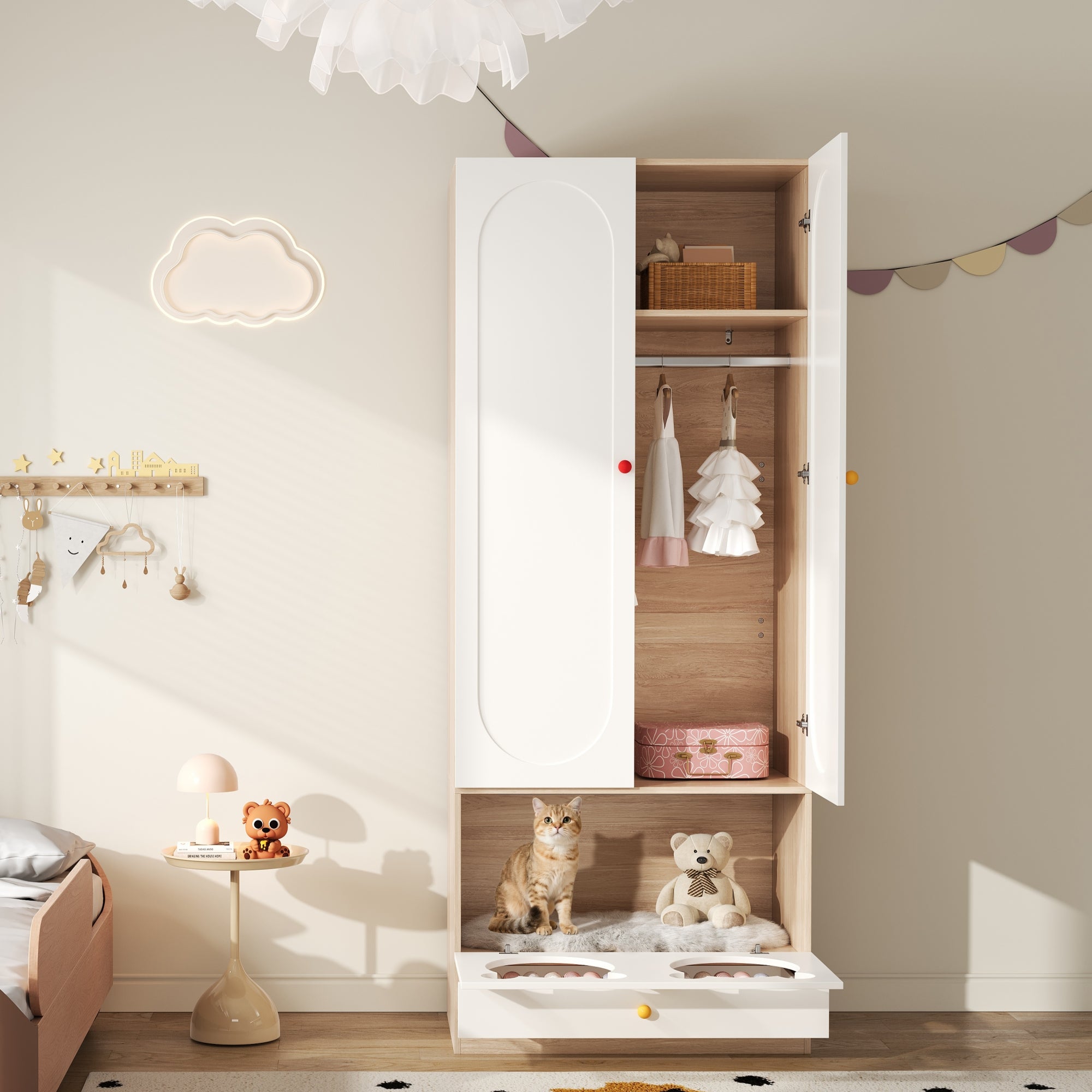 Logidon kinderkledingkast wit naturel hout met kattenmand 80x50x200cm