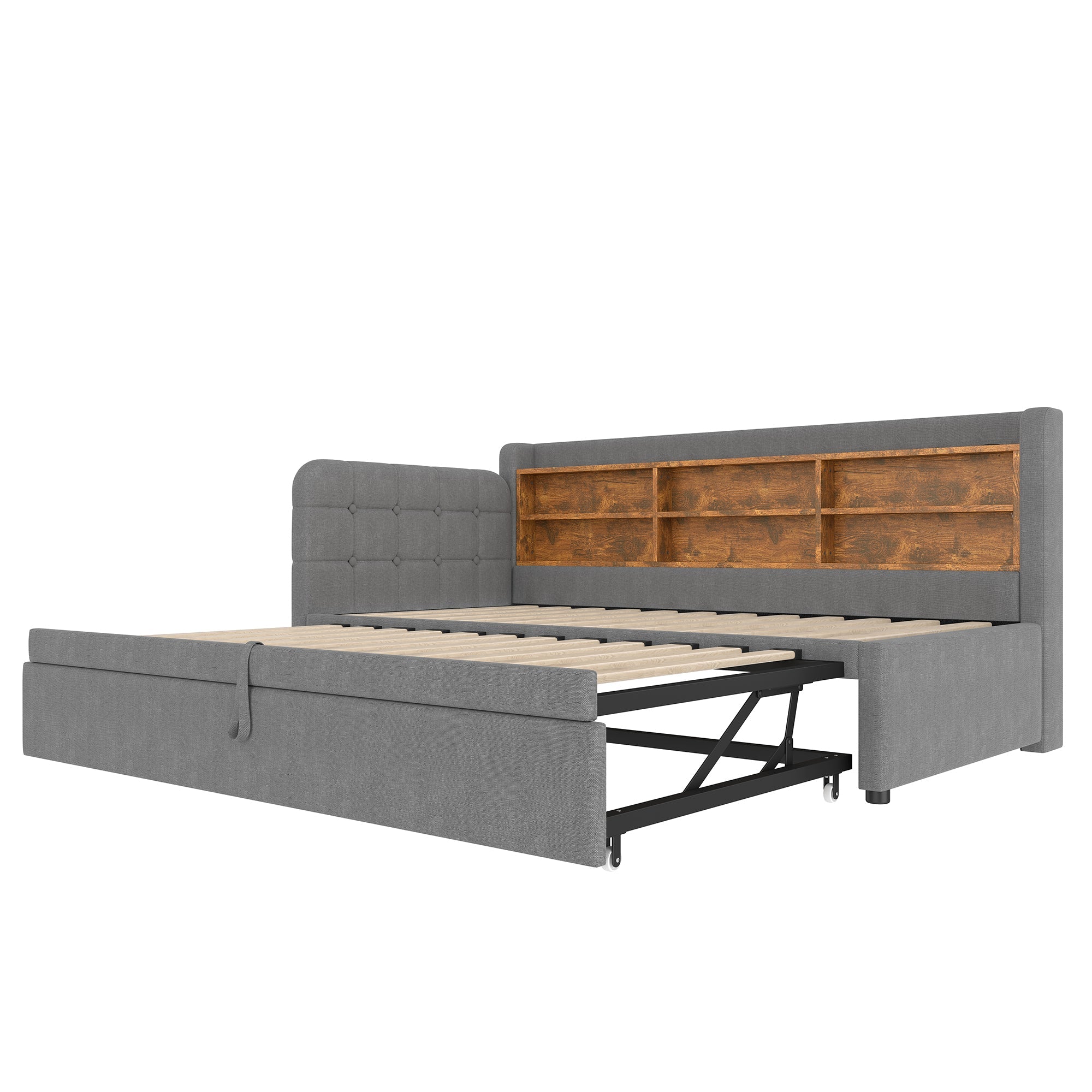 Logidon Daybed 90x200cm grijs linnen uitschuifbare slaapbank USB Type C