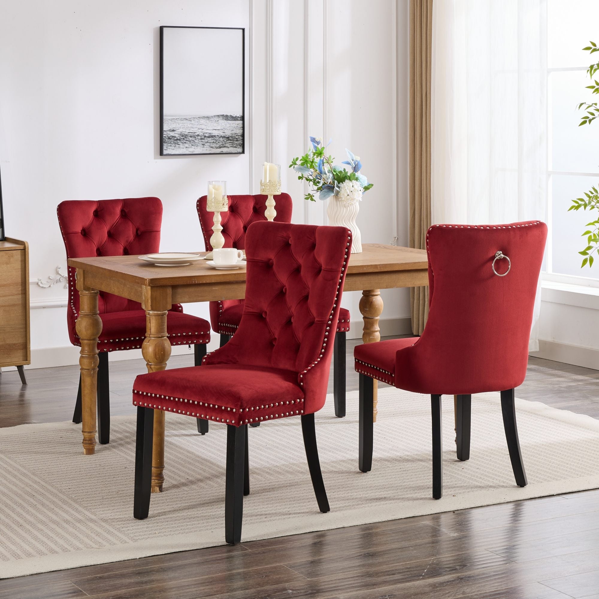 Logidon Velvet Dining Chair Set 2 Burgundy Nail Trim