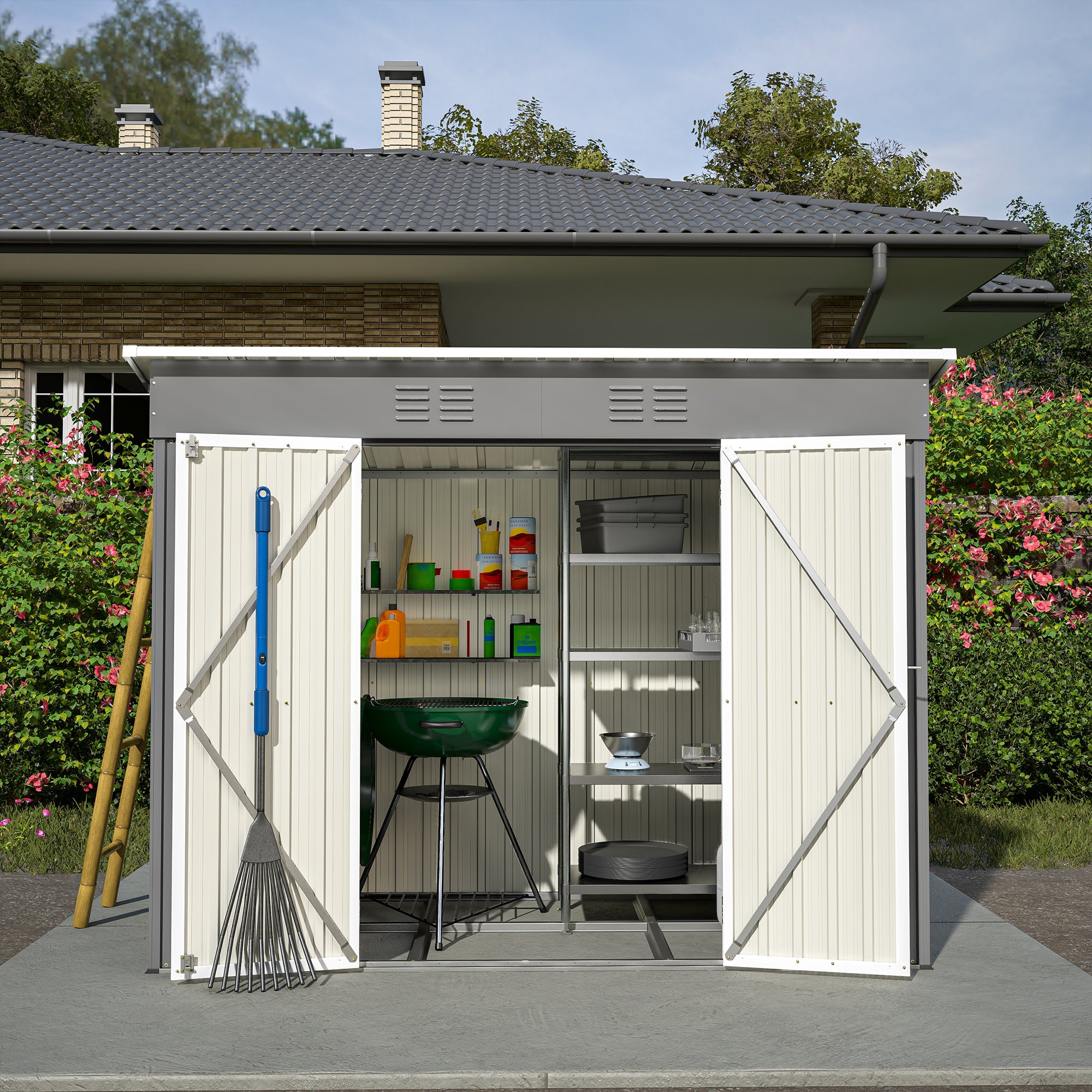 Logidon 8x4 Ft metalen gereedschapsschuur grijs met fundering weerbestendig