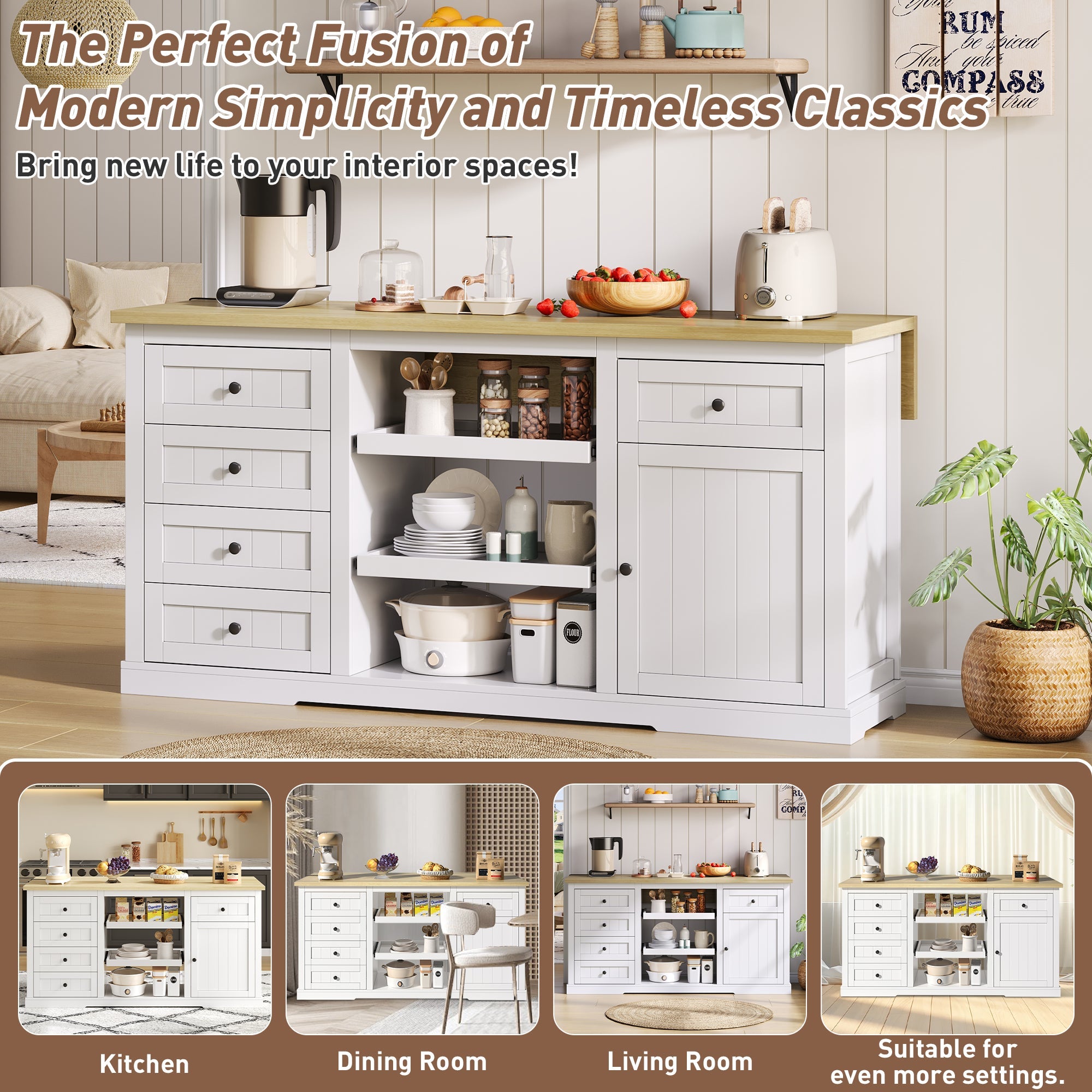 Logidon dressoir keukeneiland wit houten blad 5 laden 150x65x75 cm