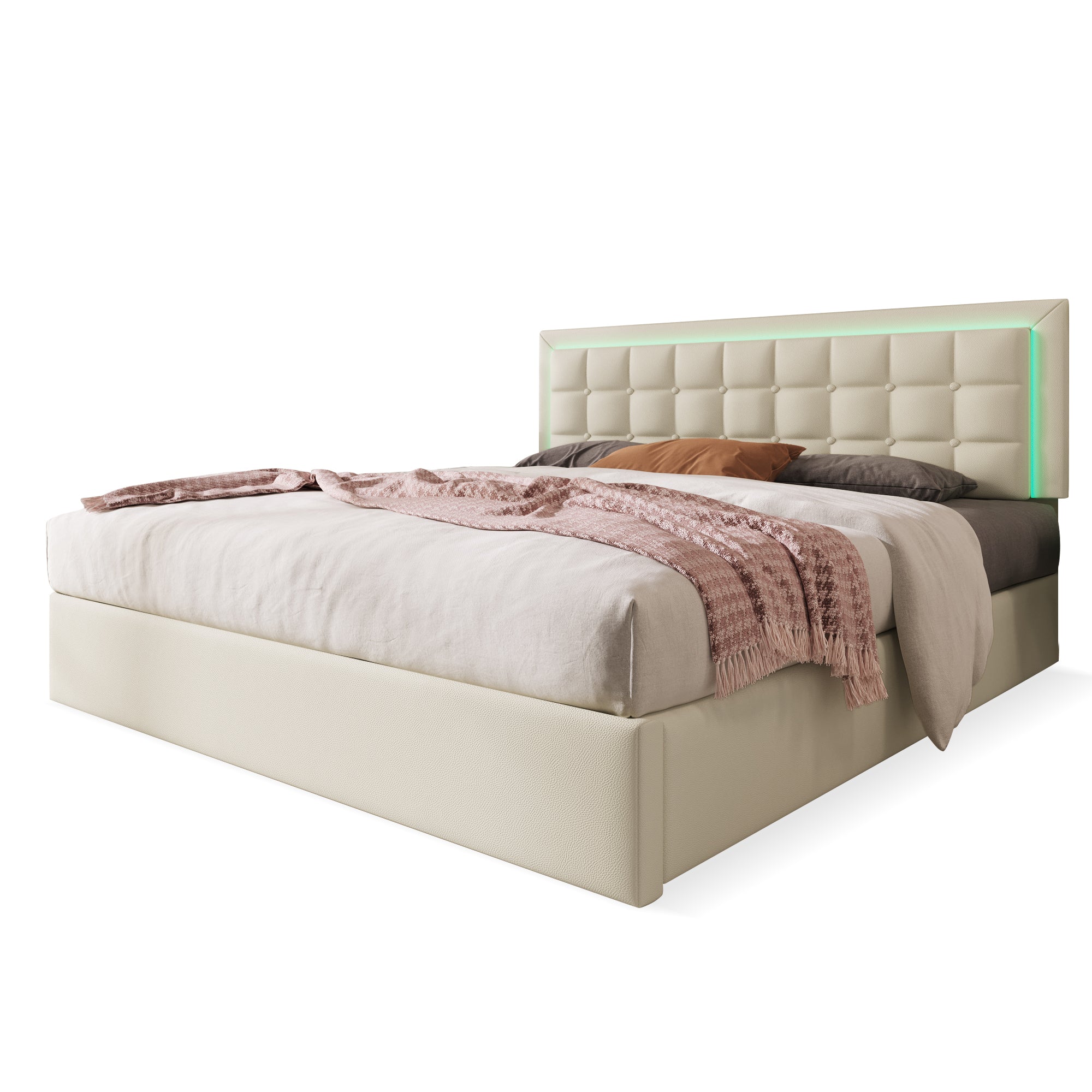Logidon gestoffeerd bed 160x200 met LED verlichting opbergruimte matras wit