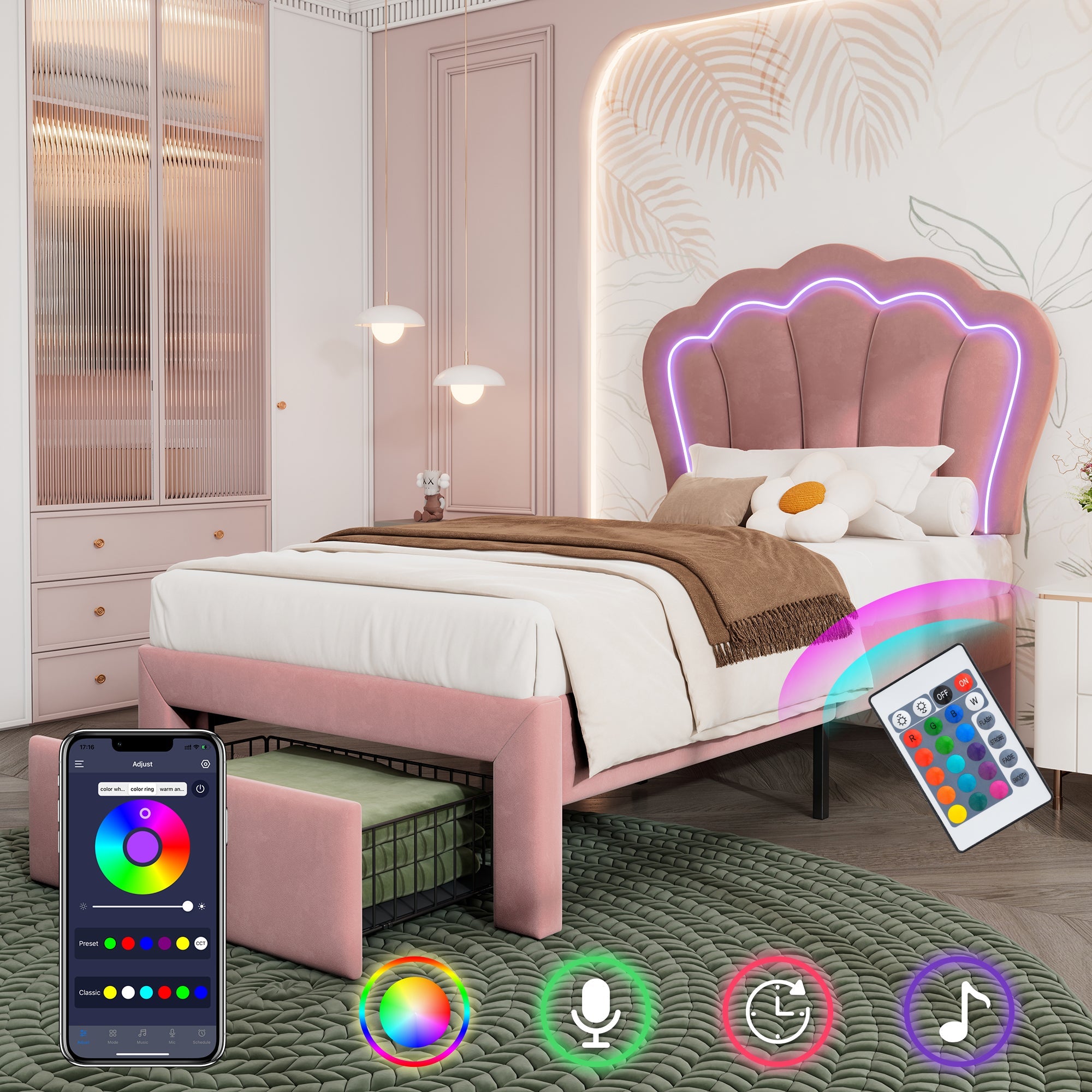 Logidon kinderbed LED 90x190 roze fluweel gestoffeerd bed met lades