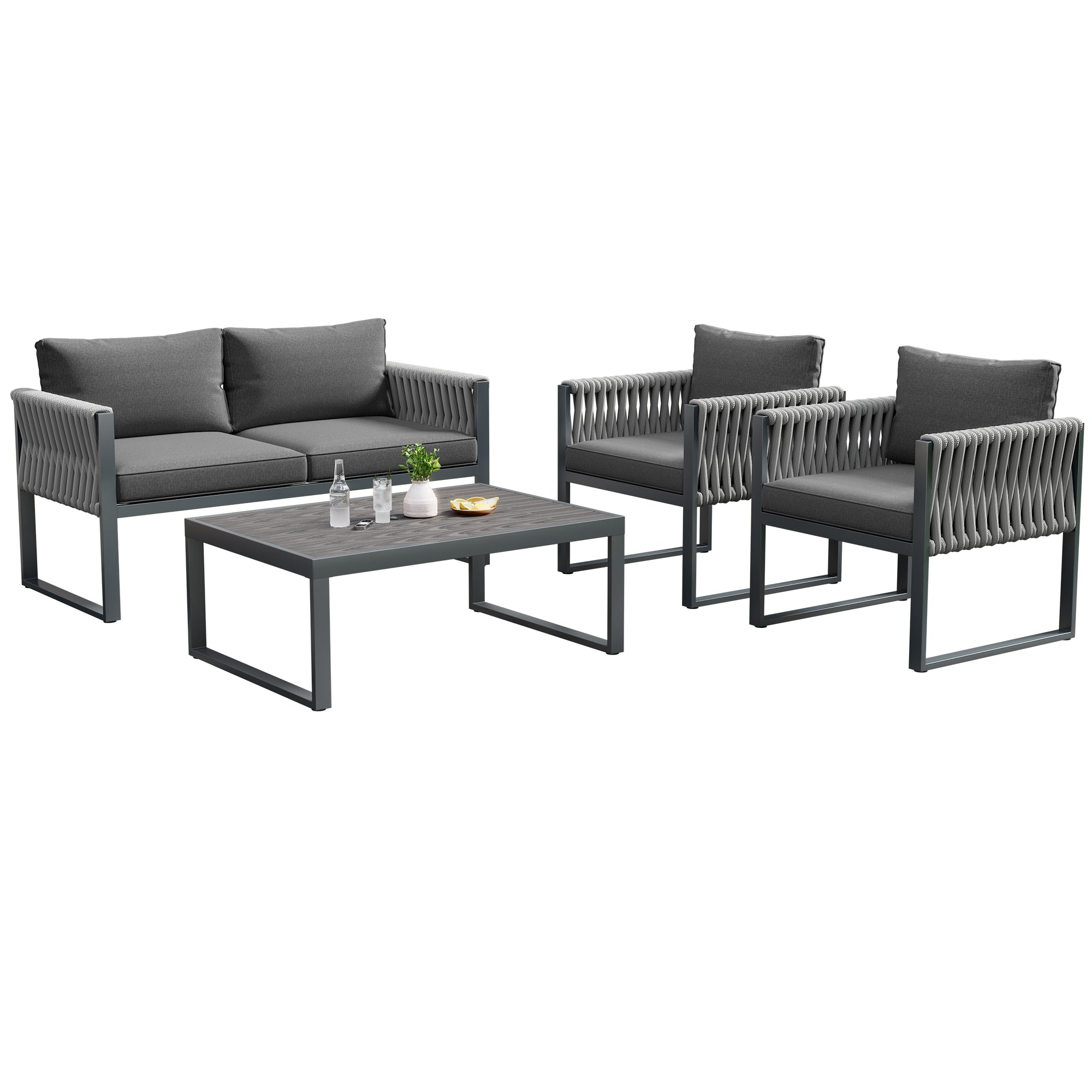 Logidon Tuinloungeset Grijs Touw met Gegalvaniseerd Ijzeren Frame Set van 4