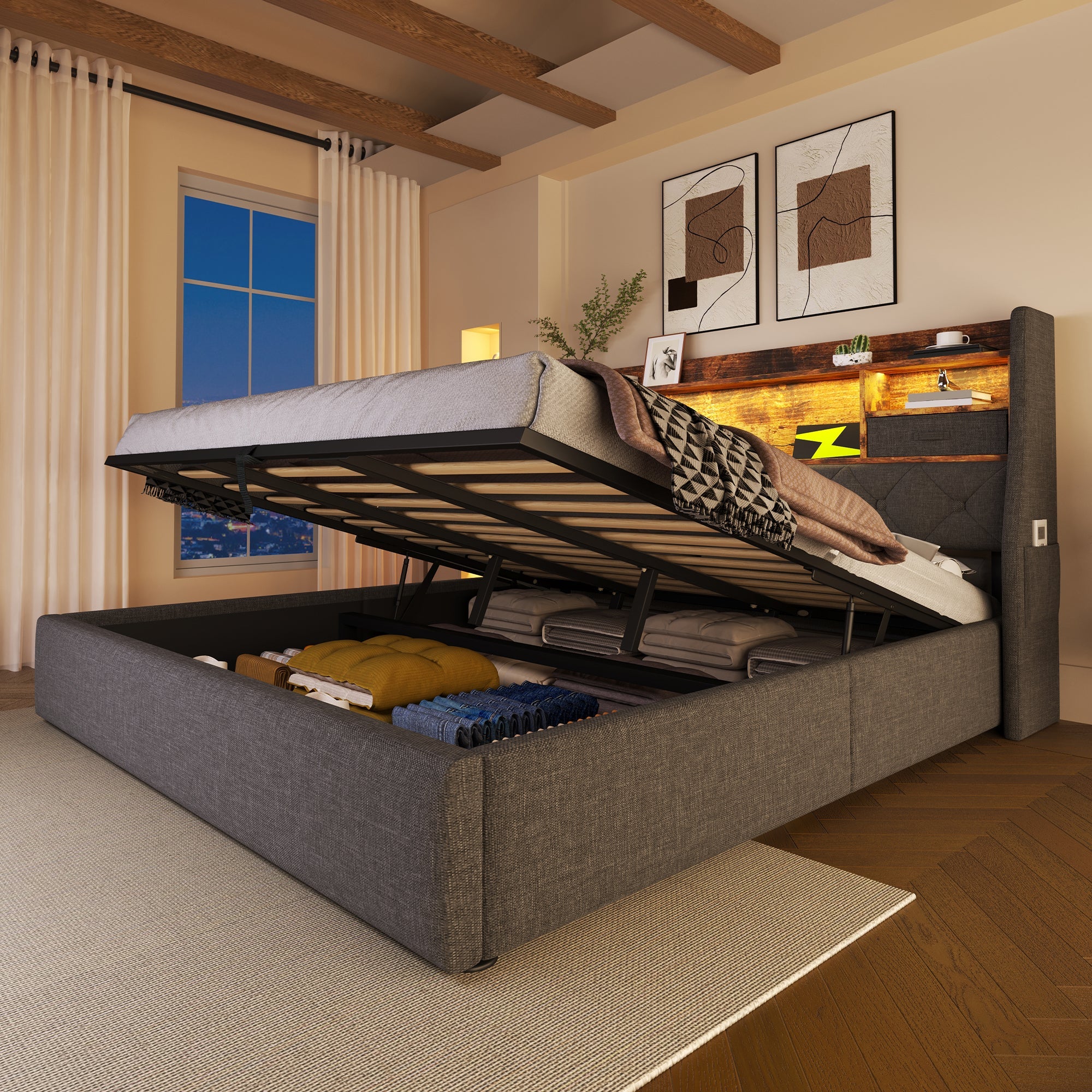 Logidon gestoffeerd bed 160x200 cm met opbergruimte, LED-hoofdbord, USB-C