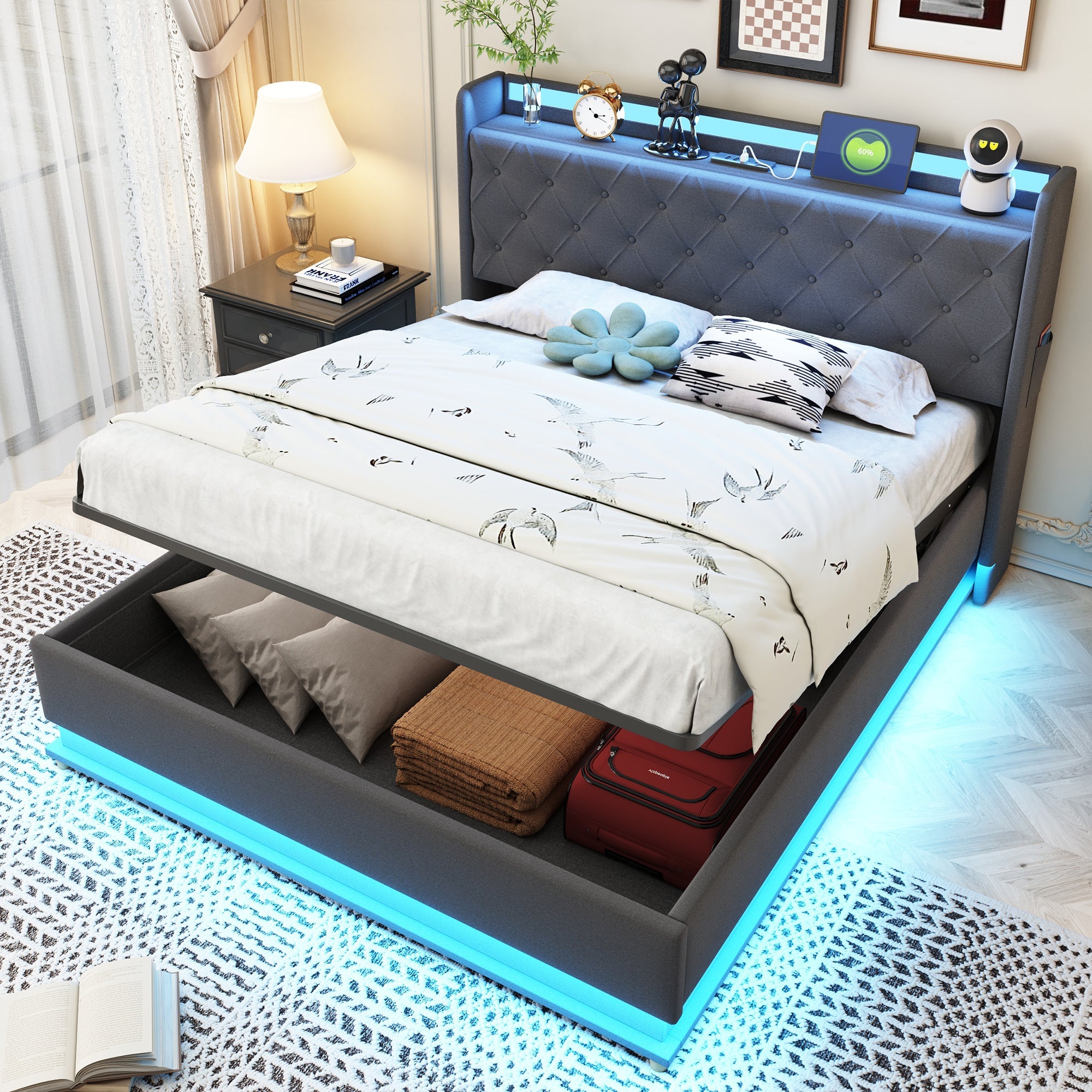 Logidon LED gestoffeerd bed 140x200 grijs met USB-oplaadpoort opbergruimte