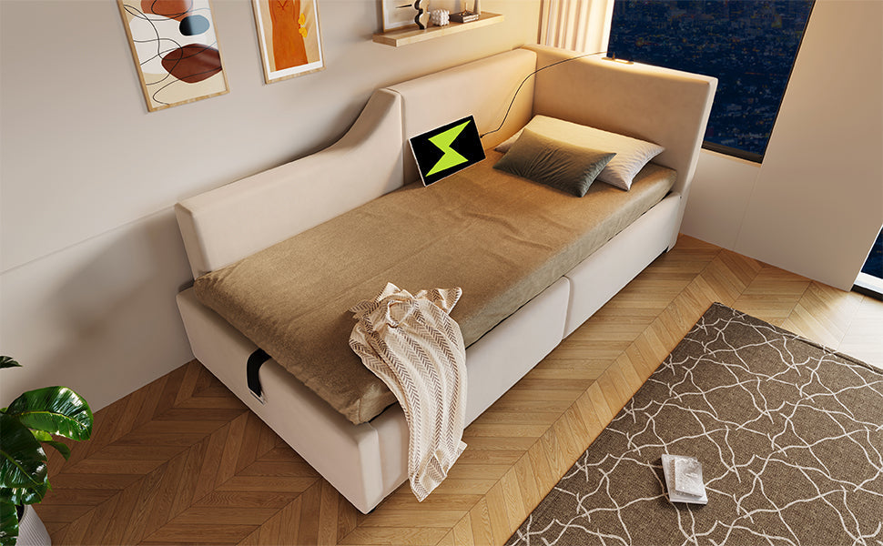 Logidon fluwelen dagbed 90x190 beige met opbergruimte, USB-C, leeslampje