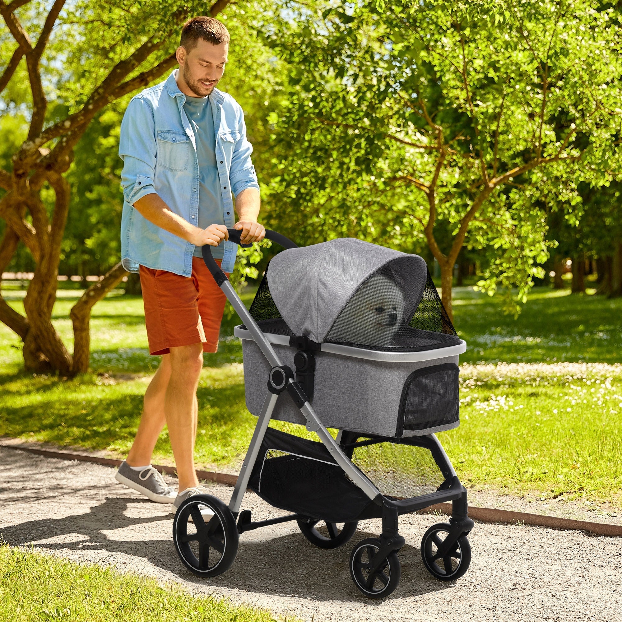 Logidon Hondenbuggy 2-in-1 Opvouwbaar met remmen Gaasraam Lichtgrijs