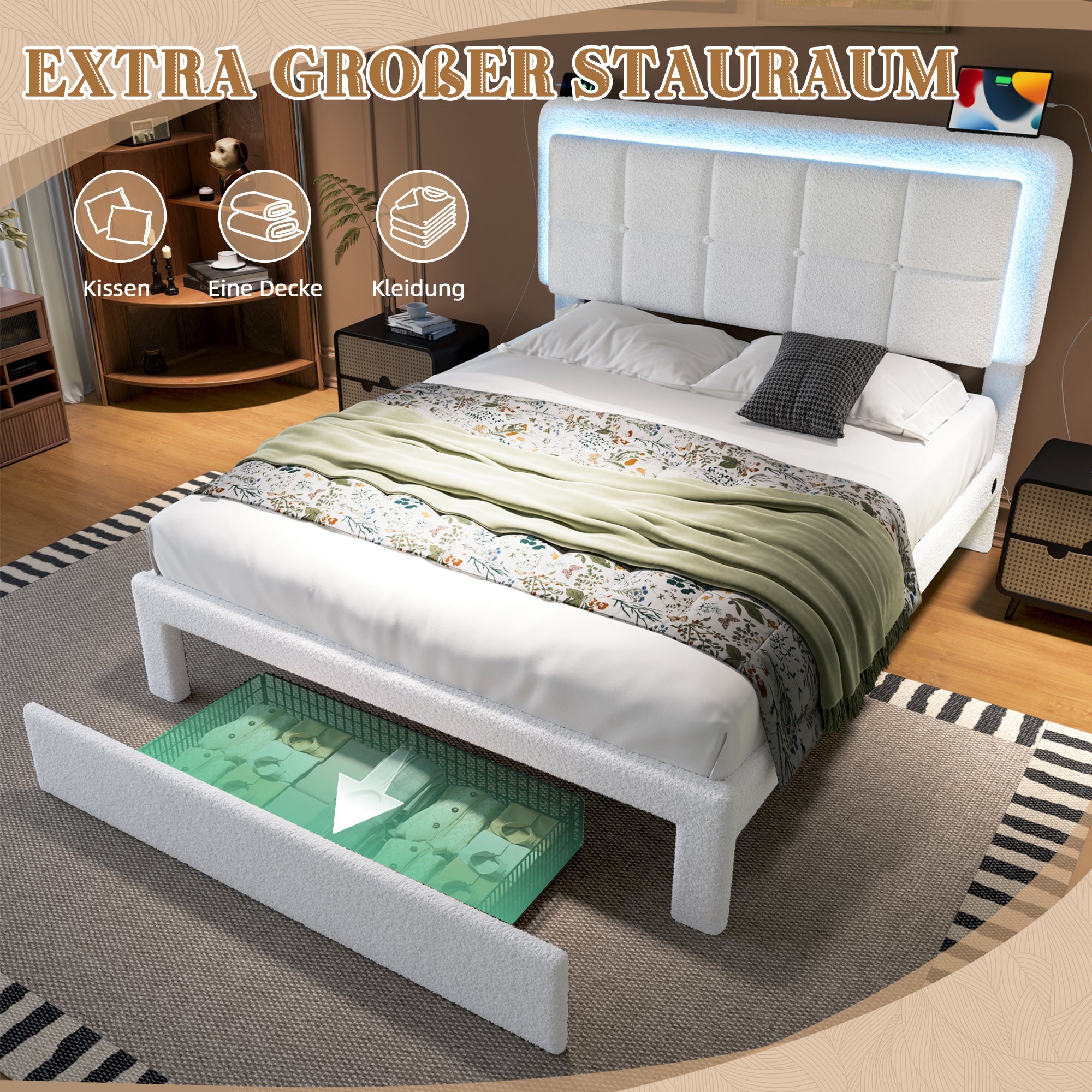 Logidon bedframe wit fluweel 160x200 cm met teddy fluwelen hoes