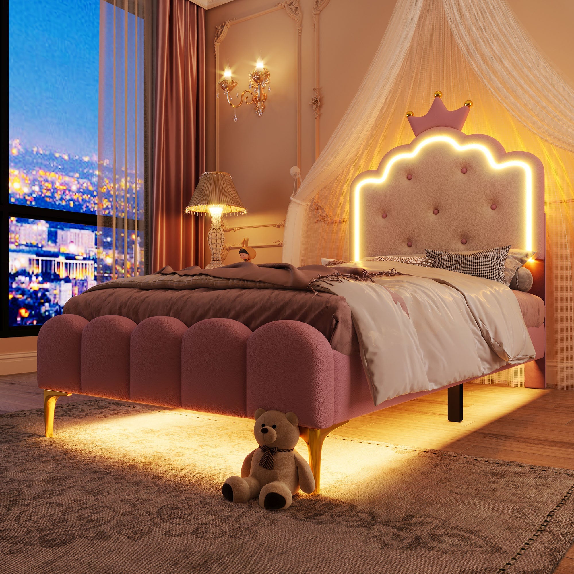 Logidon upholstered bed 90x200 crown princess shape pink with slatted frame