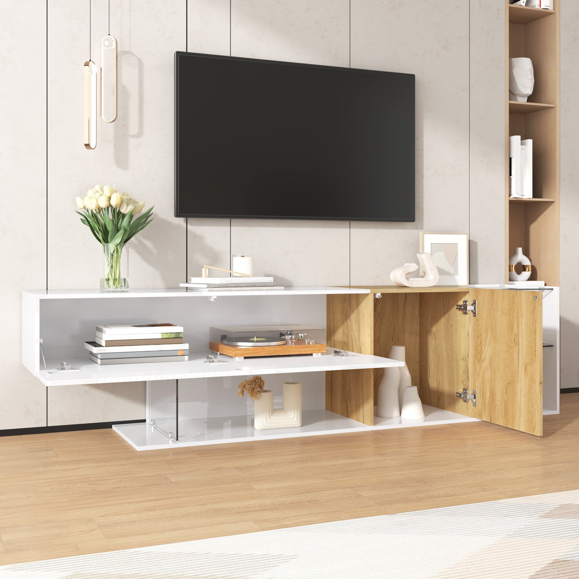 Logidon Modern TV-dressoir Wit Hoogglans Houtlook Glazen Planken 180cm