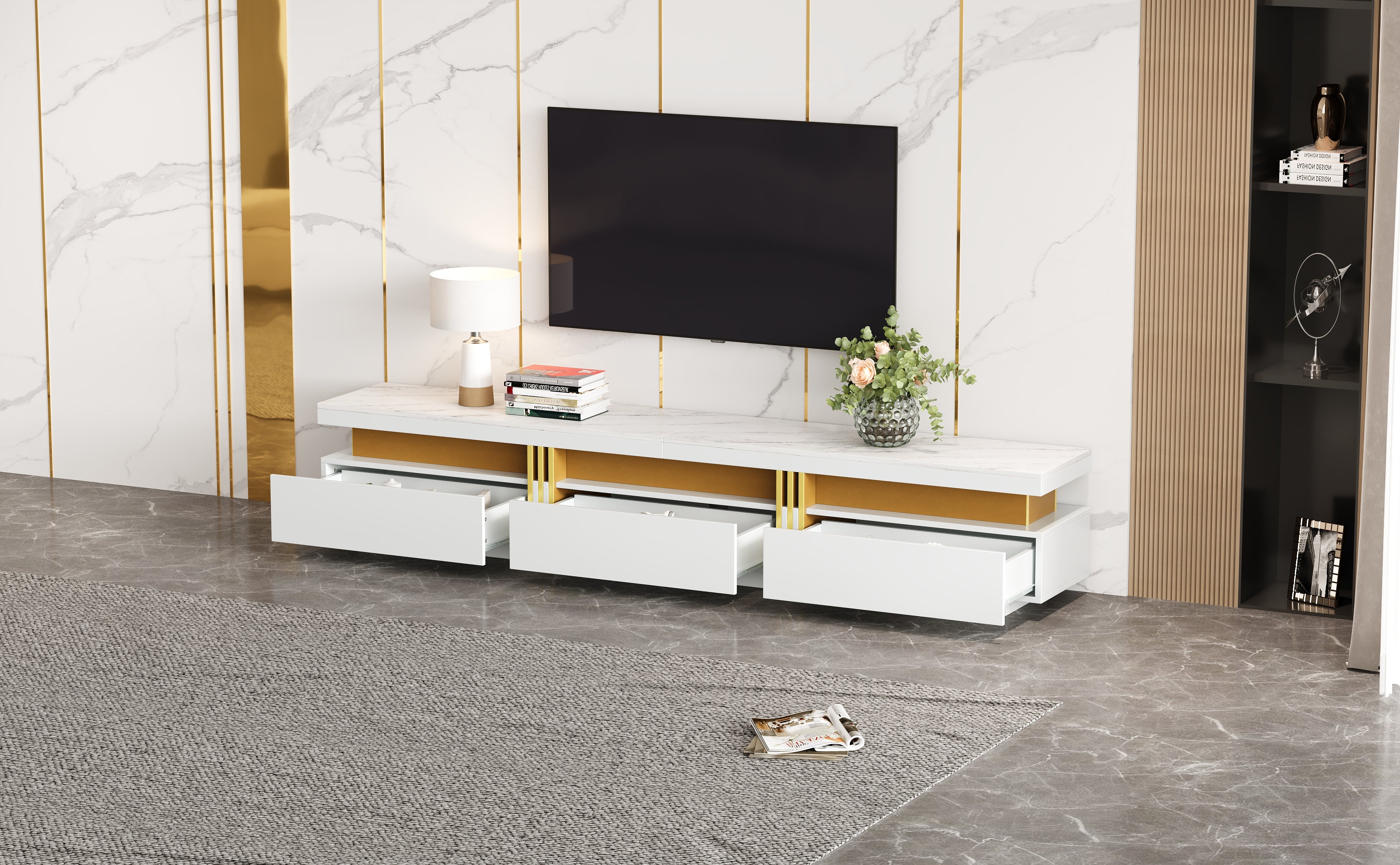 Logidon TV-meubel 200 cm marmerlook drie lades kabelmanagement
