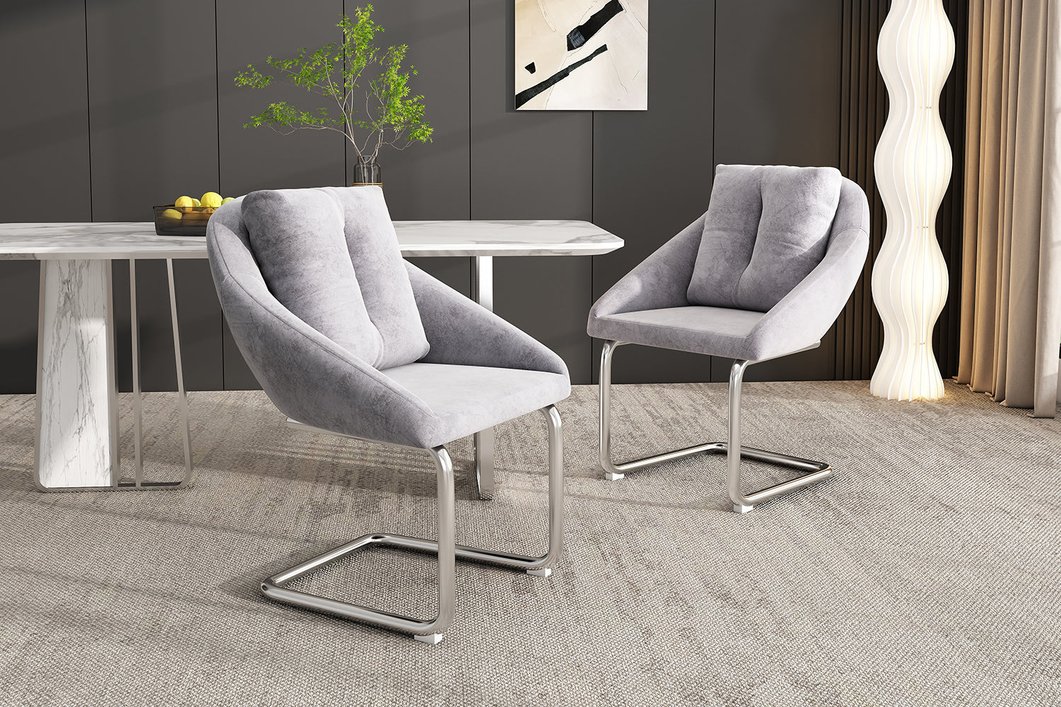 Logidon Grijze Fluwelen Stoelenset Ergonomische Eettafelstoelen Metalen Frame