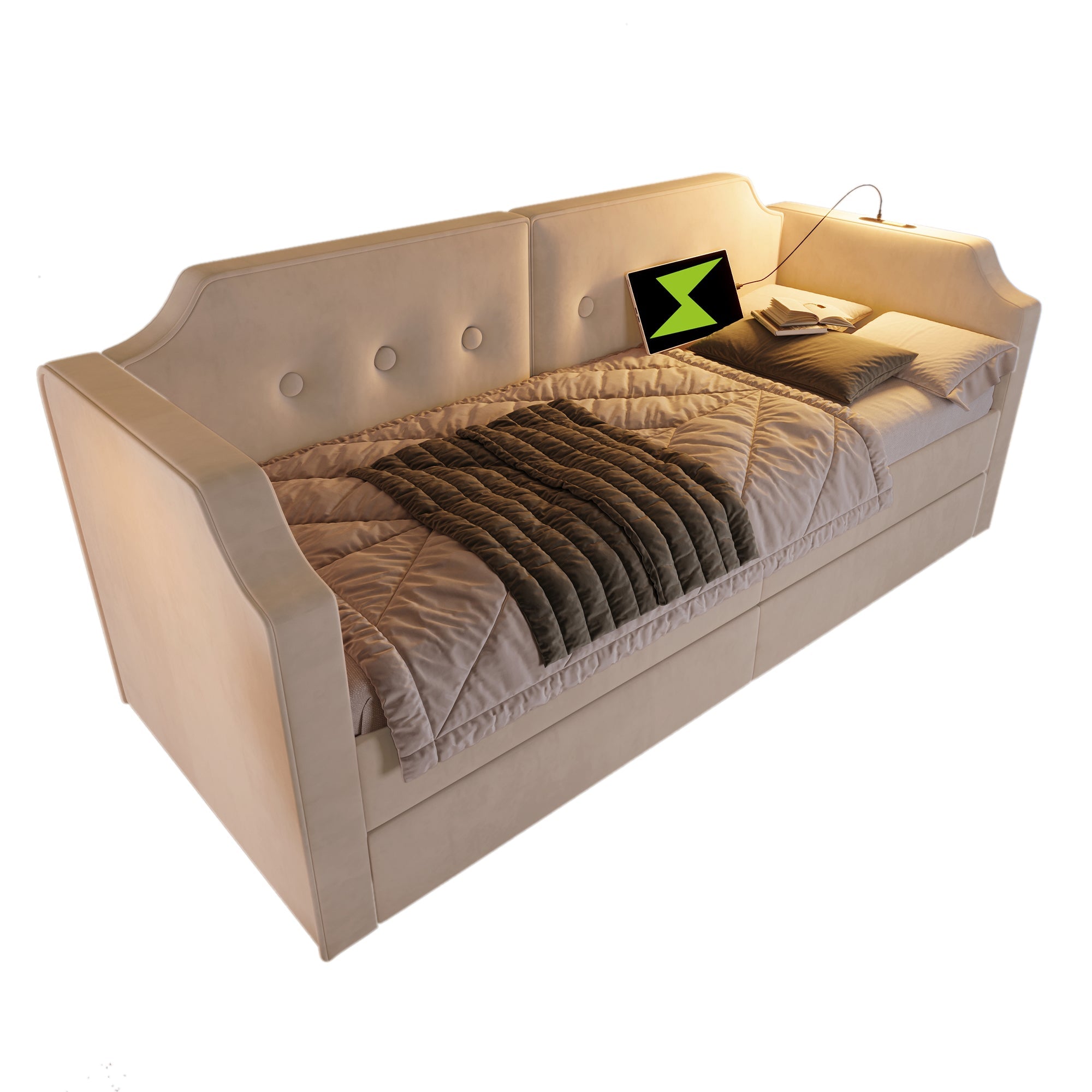 Logidon gestoffeerd bed 90x200 cm beige fluweel met USB-C oplaadpunt leeslampje