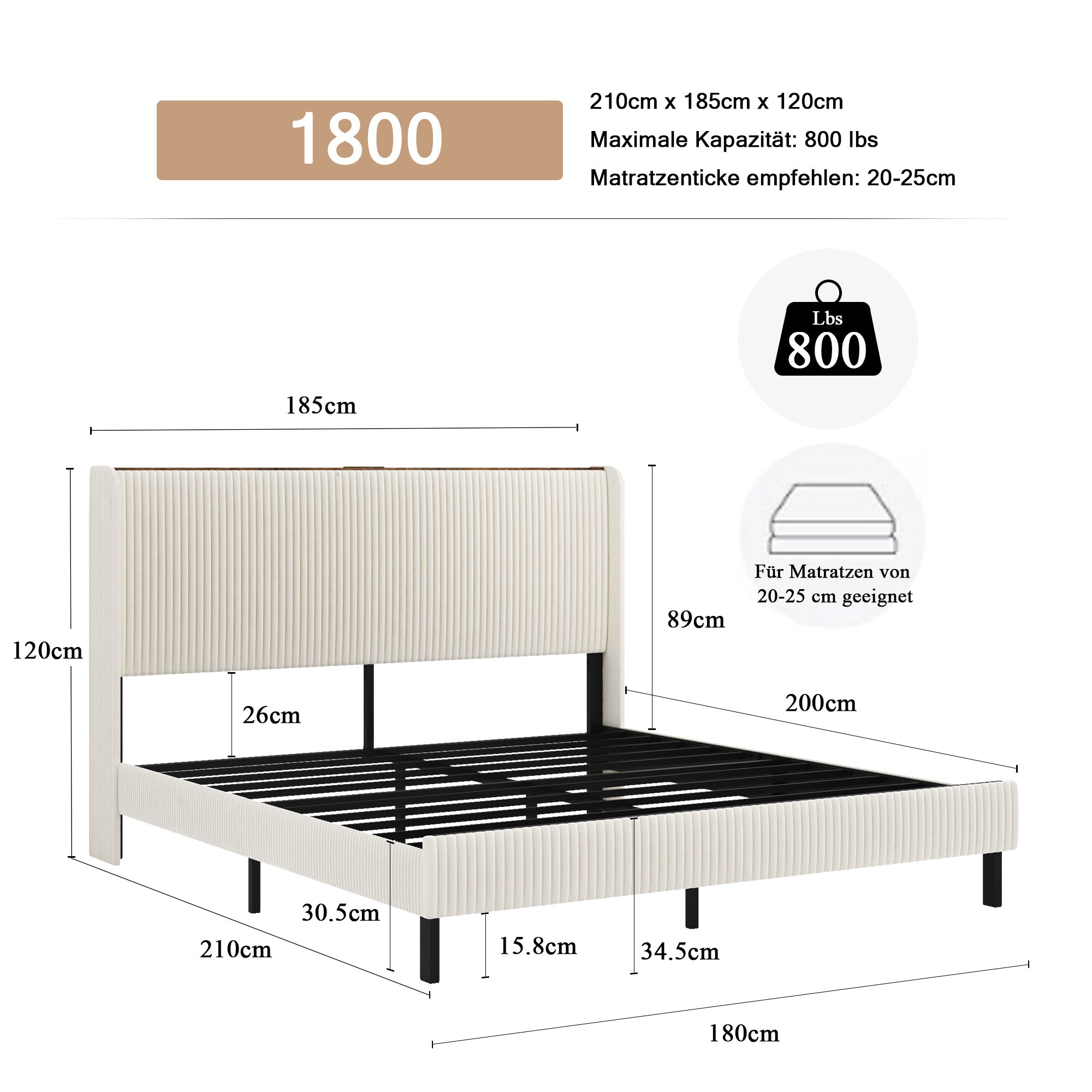 Logidon platformbed 180x200 beige corduroy vleugeldesign hoofdeinde