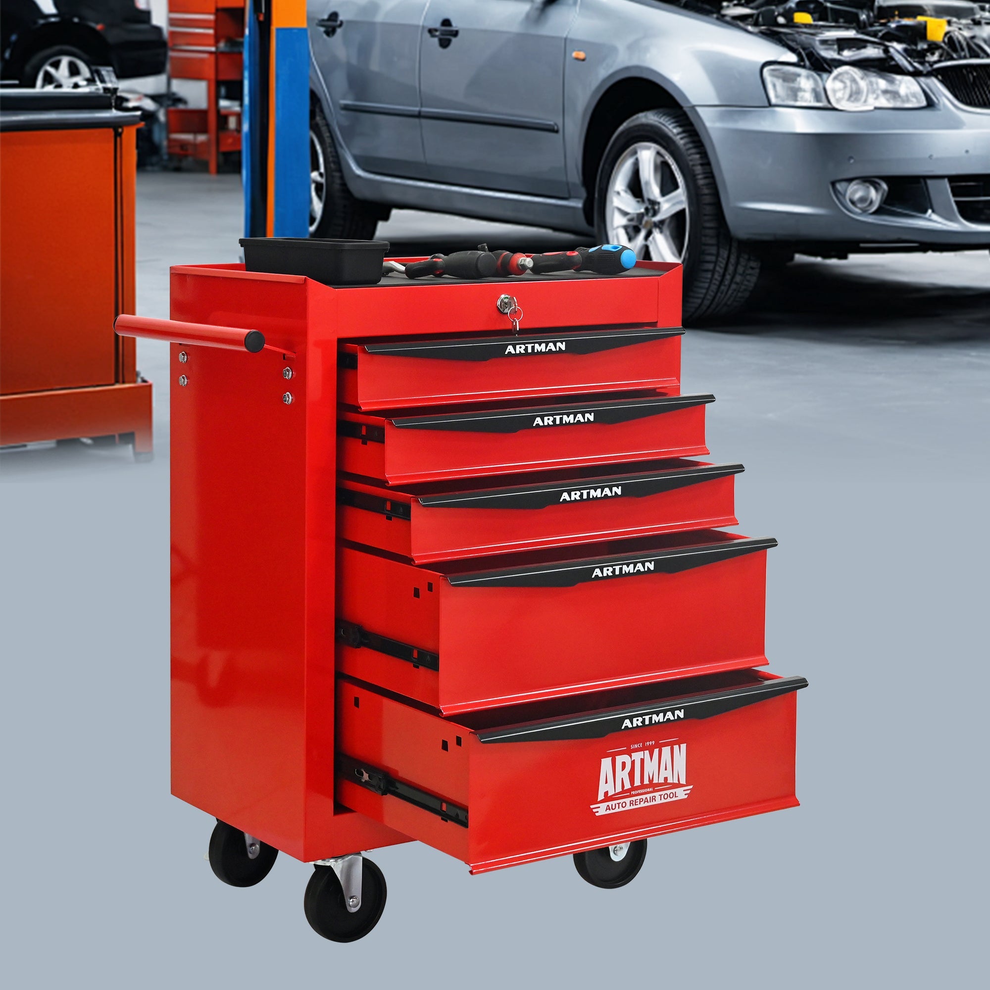 Logidon stalen gereedschapskist met 5 lades rood zwart 52x33x66 cm
