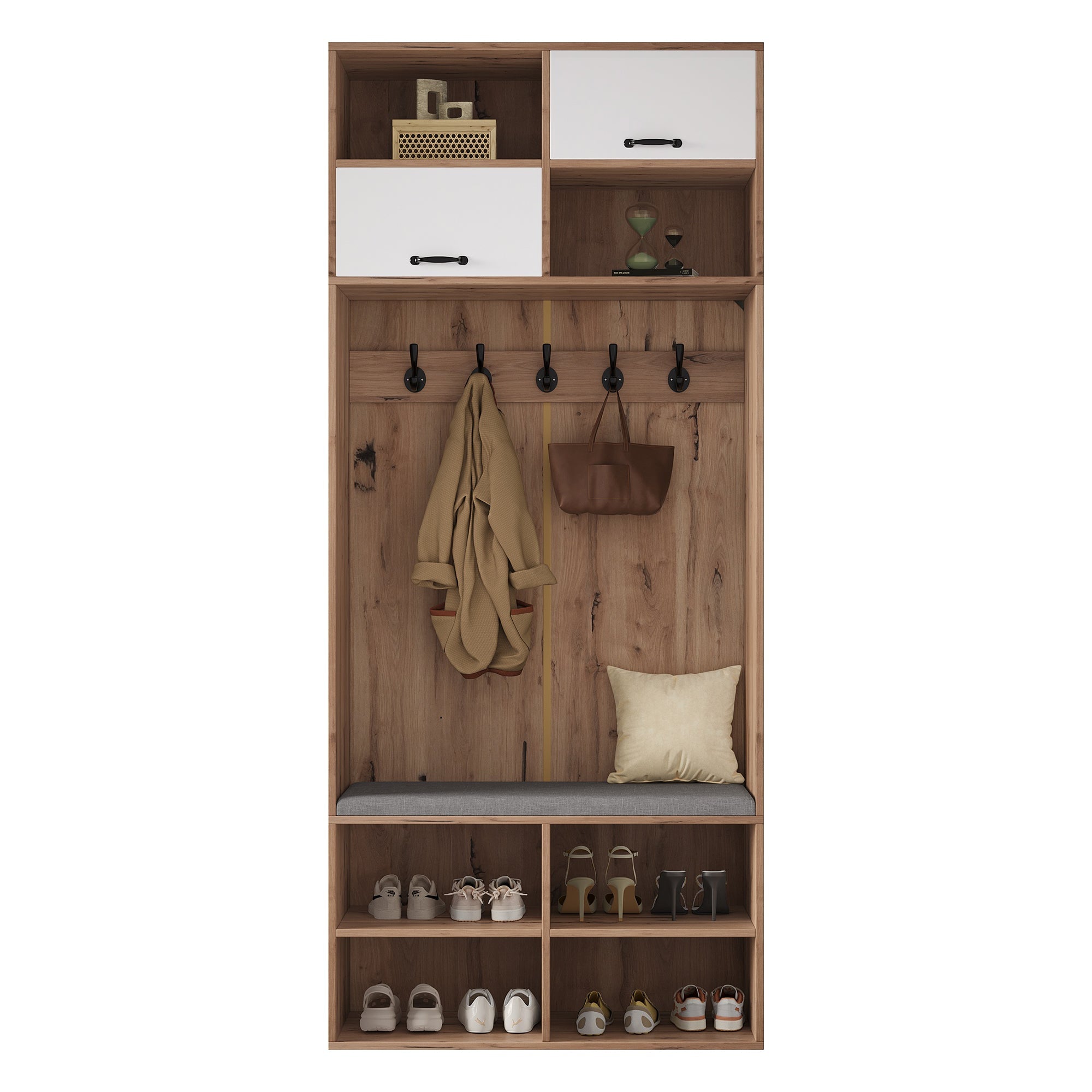 Logidon garderobekast met bank en 5 haken naturel wit 80x35x185cm