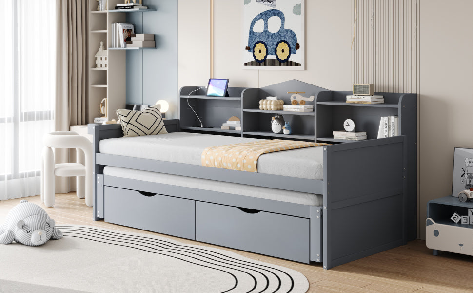 Logidon slaapbank 90x200 grijs met uitschuifbaar bed 90x190 USB