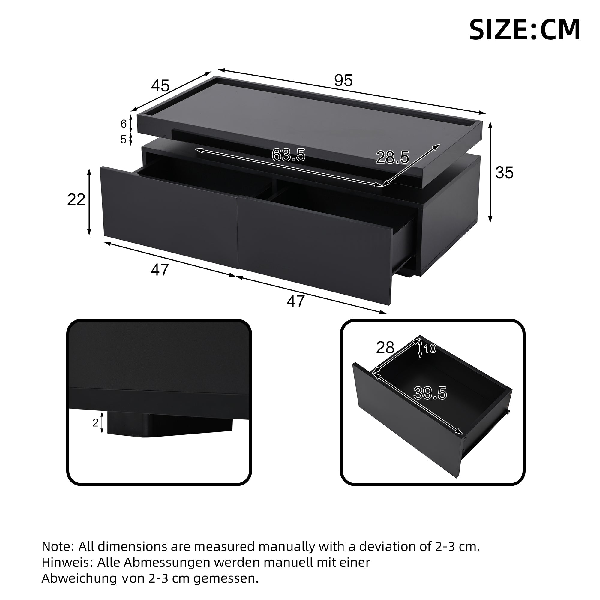 Logidon hoogglans salontafel 95x45x35 cm met LED verlichting zwart