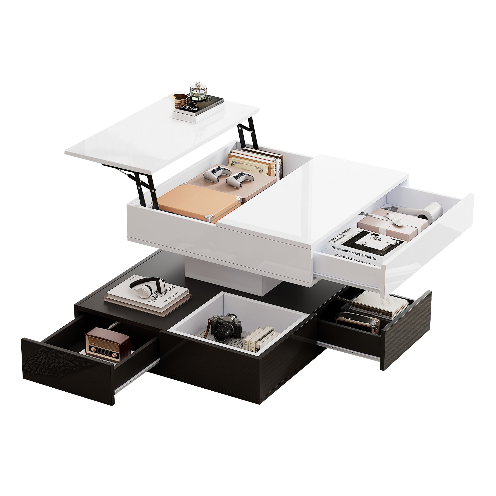 Logidon salontafel 70x70 hefblad 360 graden draaibaar 3 lades wit