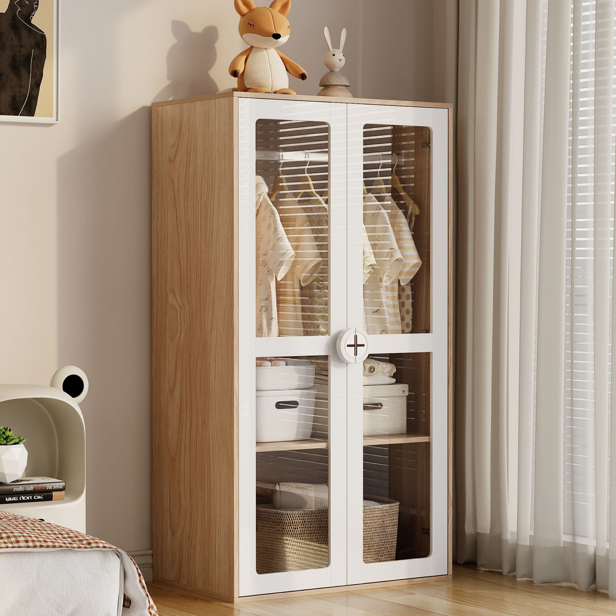 Logidon kinderkledingkast met glazen fronten, 80x50x150 cm, wit hout
