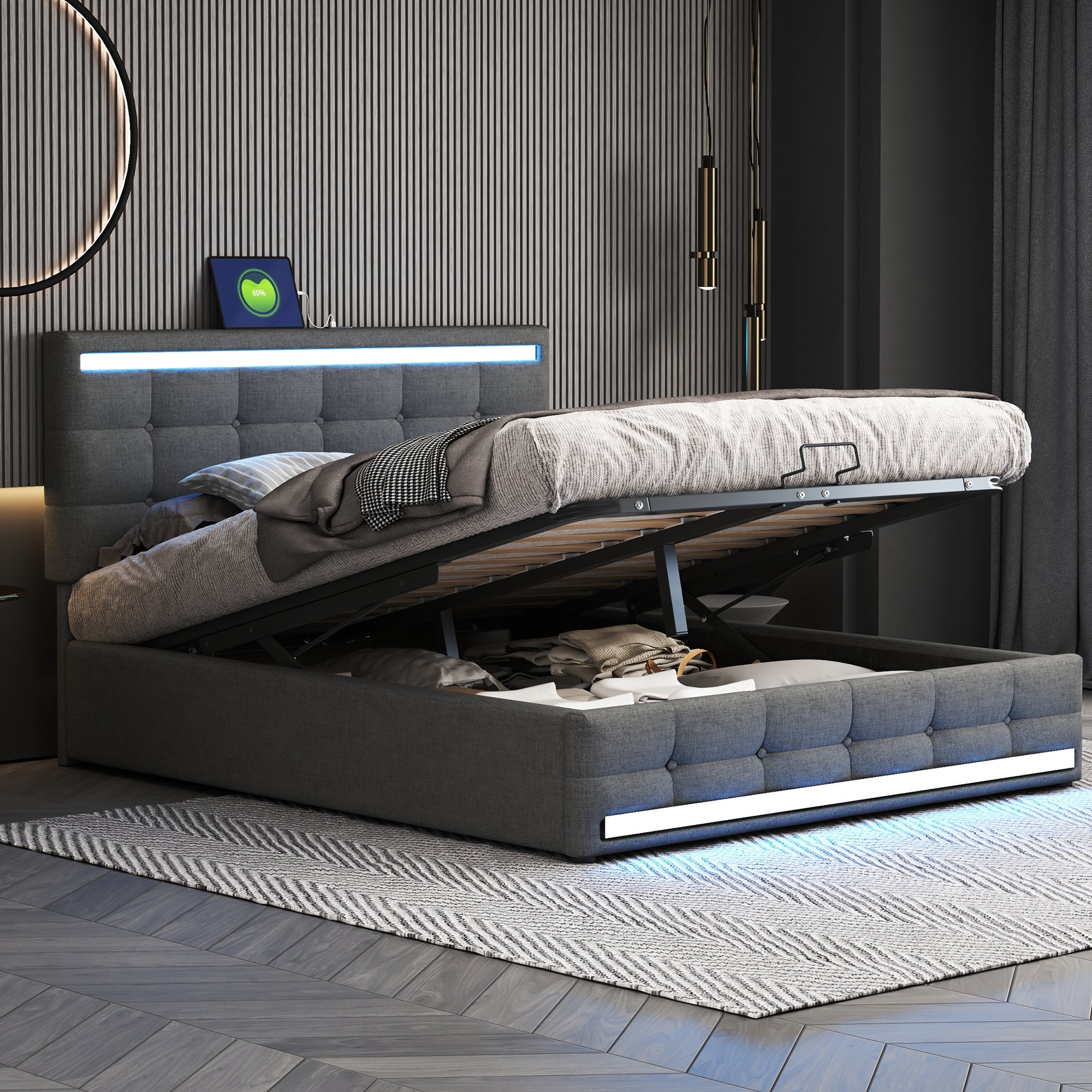 Logidon gestoffeerd bed 140x200 LED, opbergruimte, USB, grijs