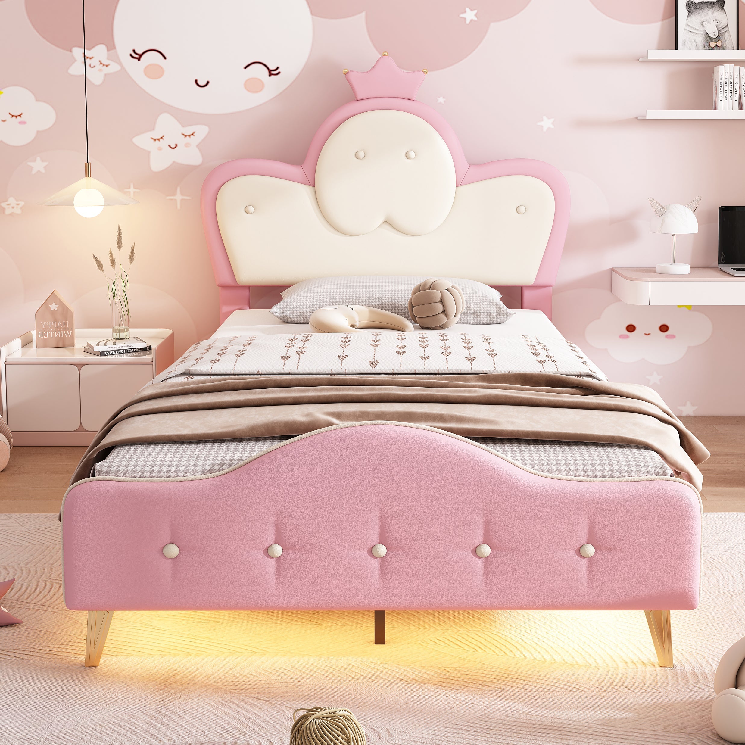 Logidon gestoffeerd bed kinderbed roze wit 90x200 met kroonhoofdbord