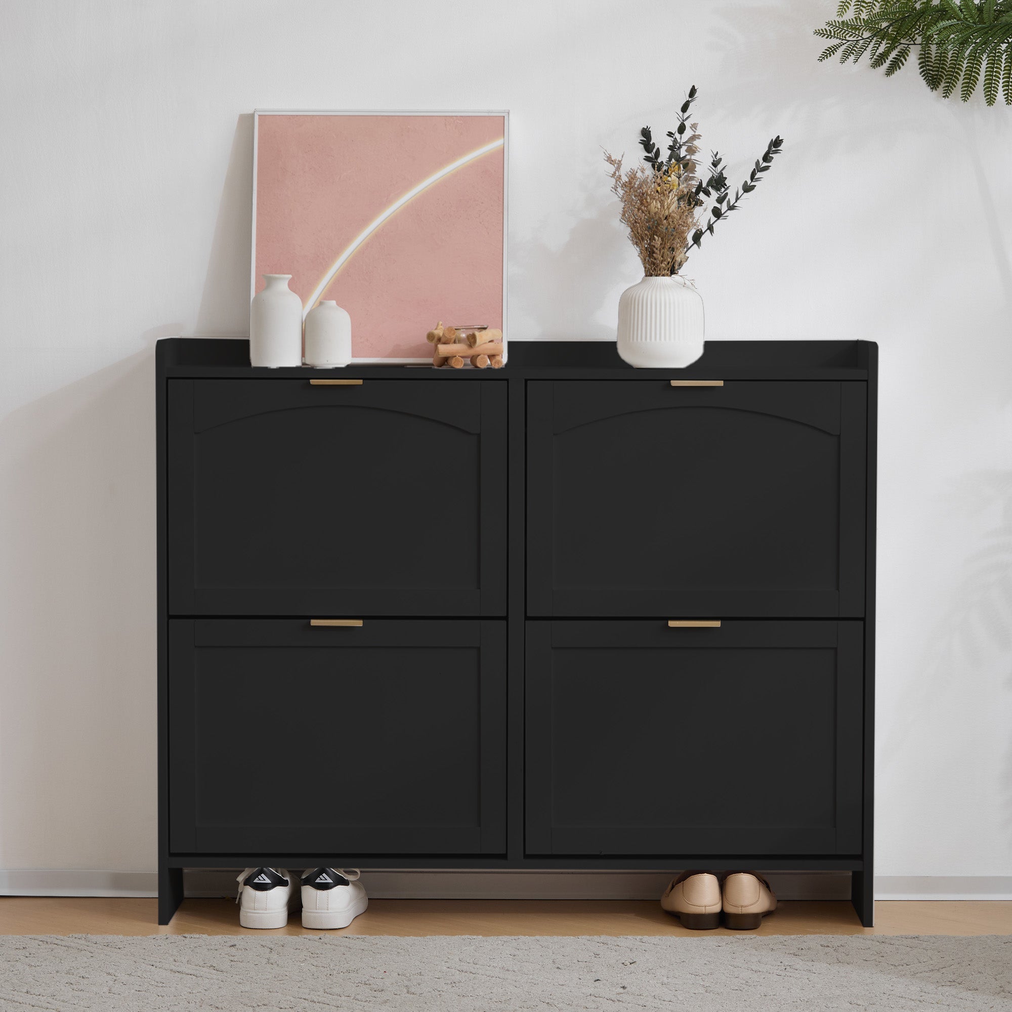 Logidon Moderne Schoenenkast Met 4 Kleppen Zwart 110 x 24 x 90 cm