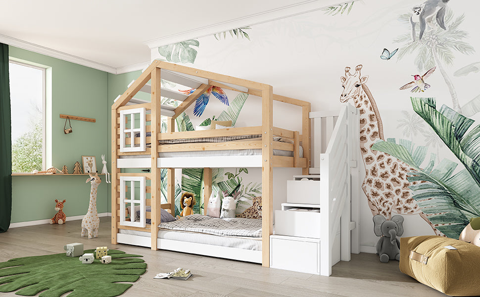 Logidon kinderbed boomhut 90x200 naturel wit valbeveiliging