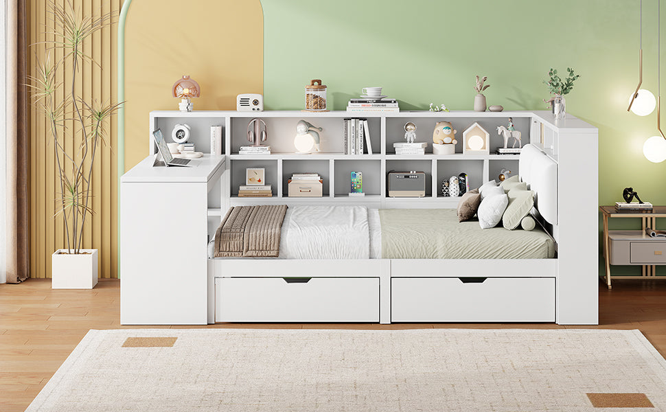 Logidon Hoekbed 140x200 L-vorm met Bureau Boekenplank Wit