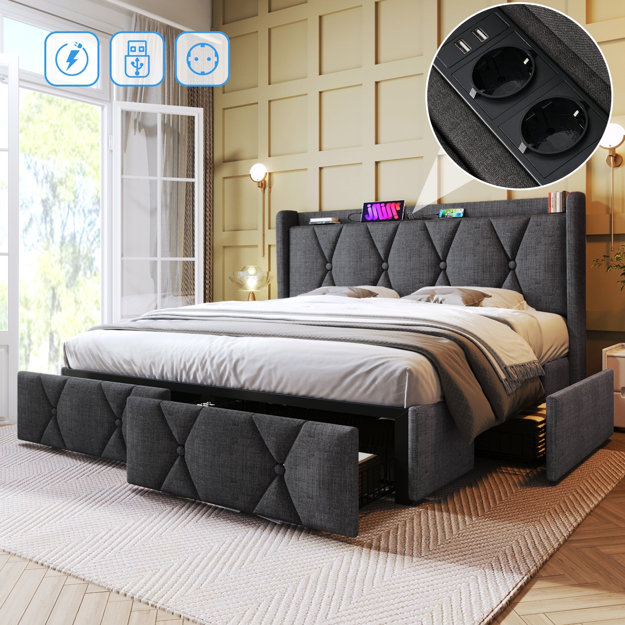 Logidon upholstered bed 140x200cm gray with USB charging function 4 drawers