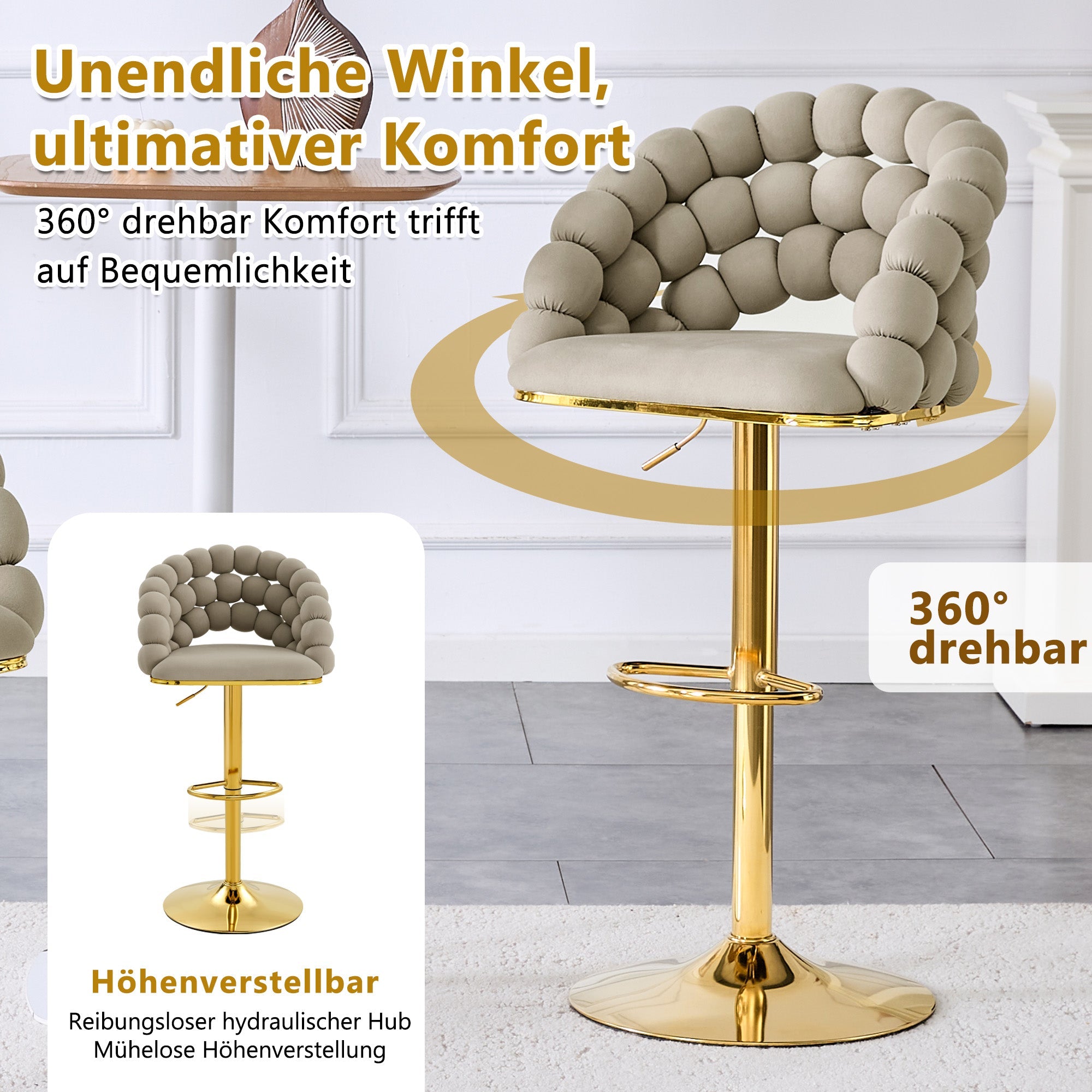 Logidon grijze fluwelen barkrukken set van 2 kogelketting rugleuning gouden frame