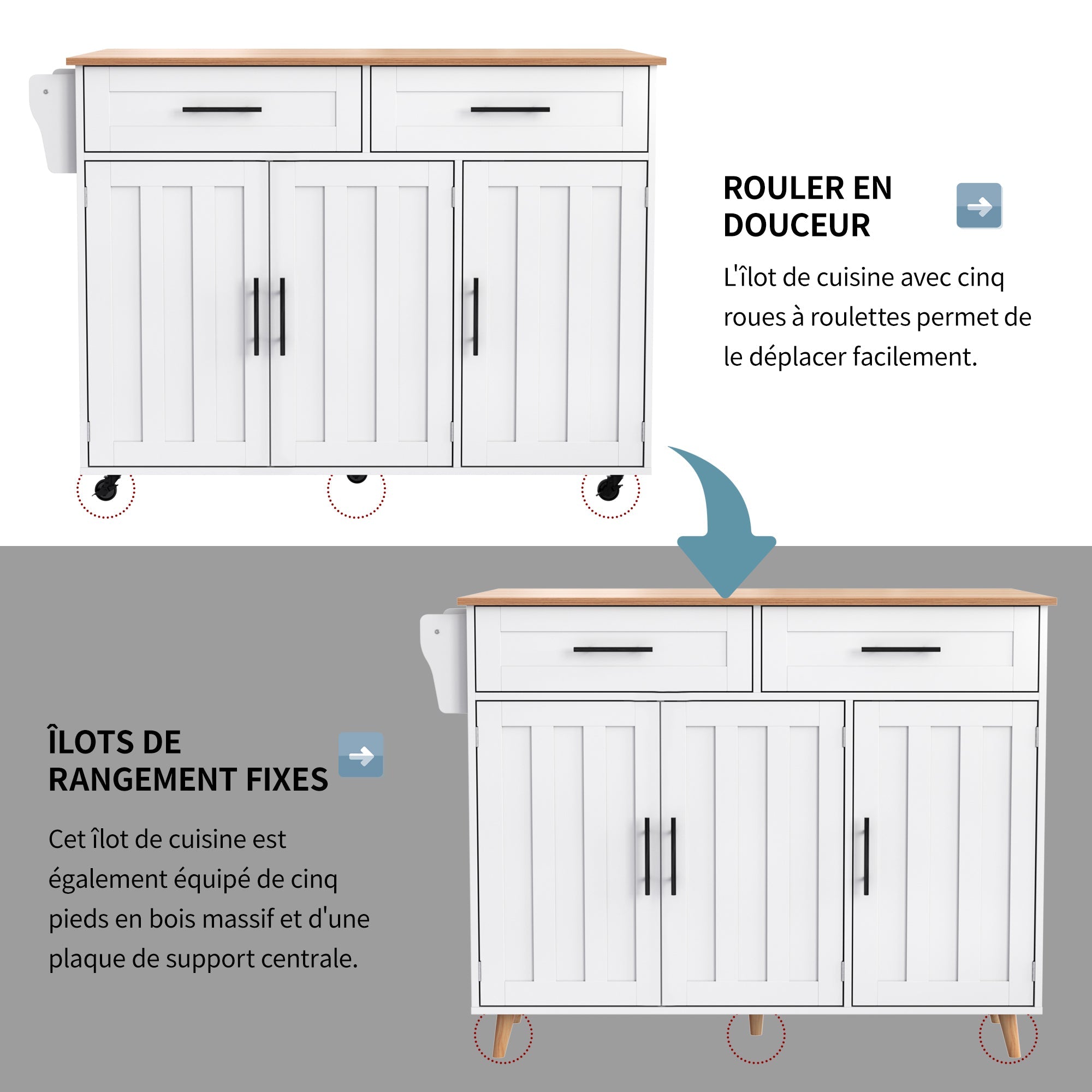 Logidon keukeneiland 129x46 cm met opklapbaar tafelblad, 5 wielen, wit