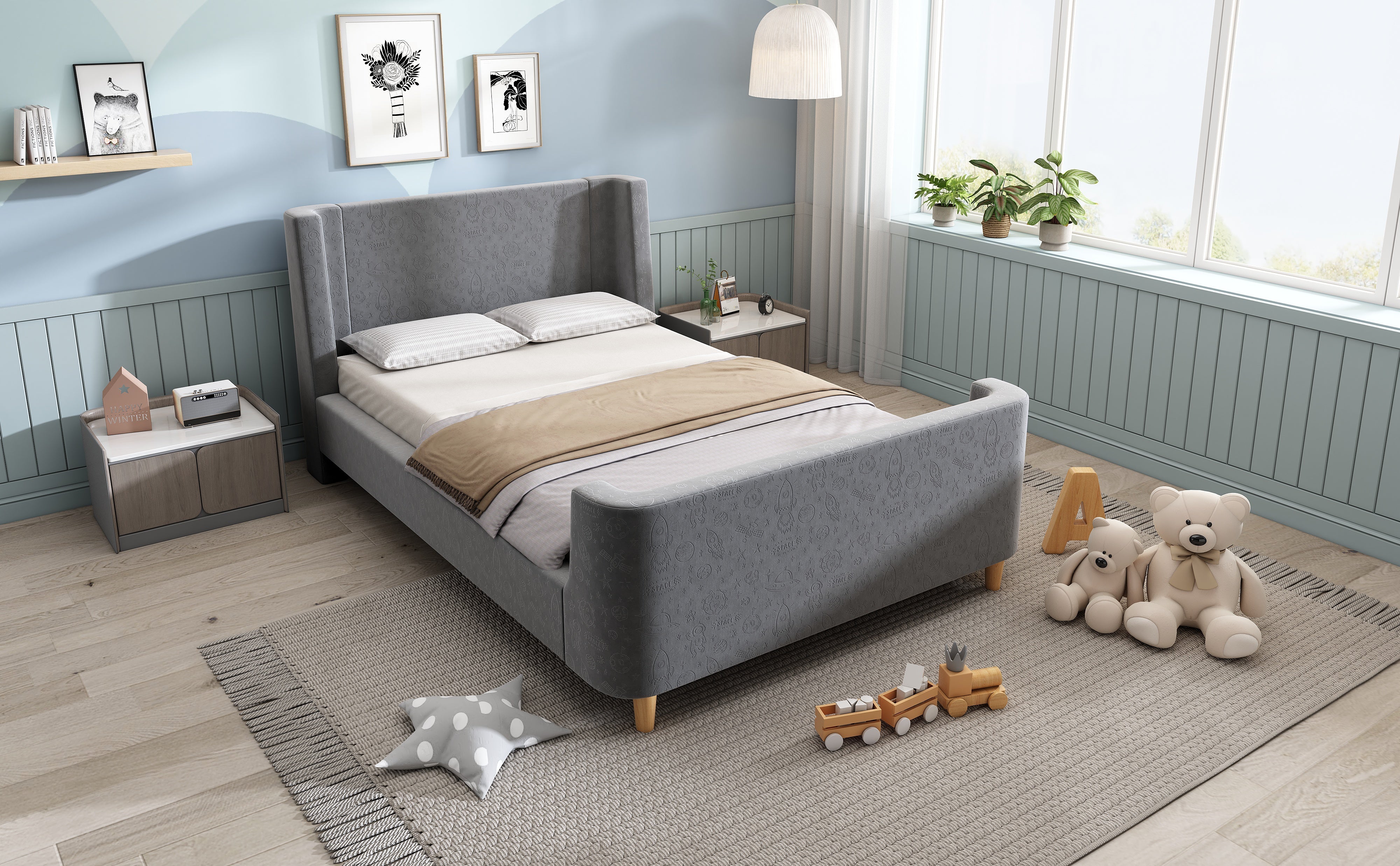 Logidon kinderbed gestoffeerd bed 90x200 grijs fluweel kosmisch patroon